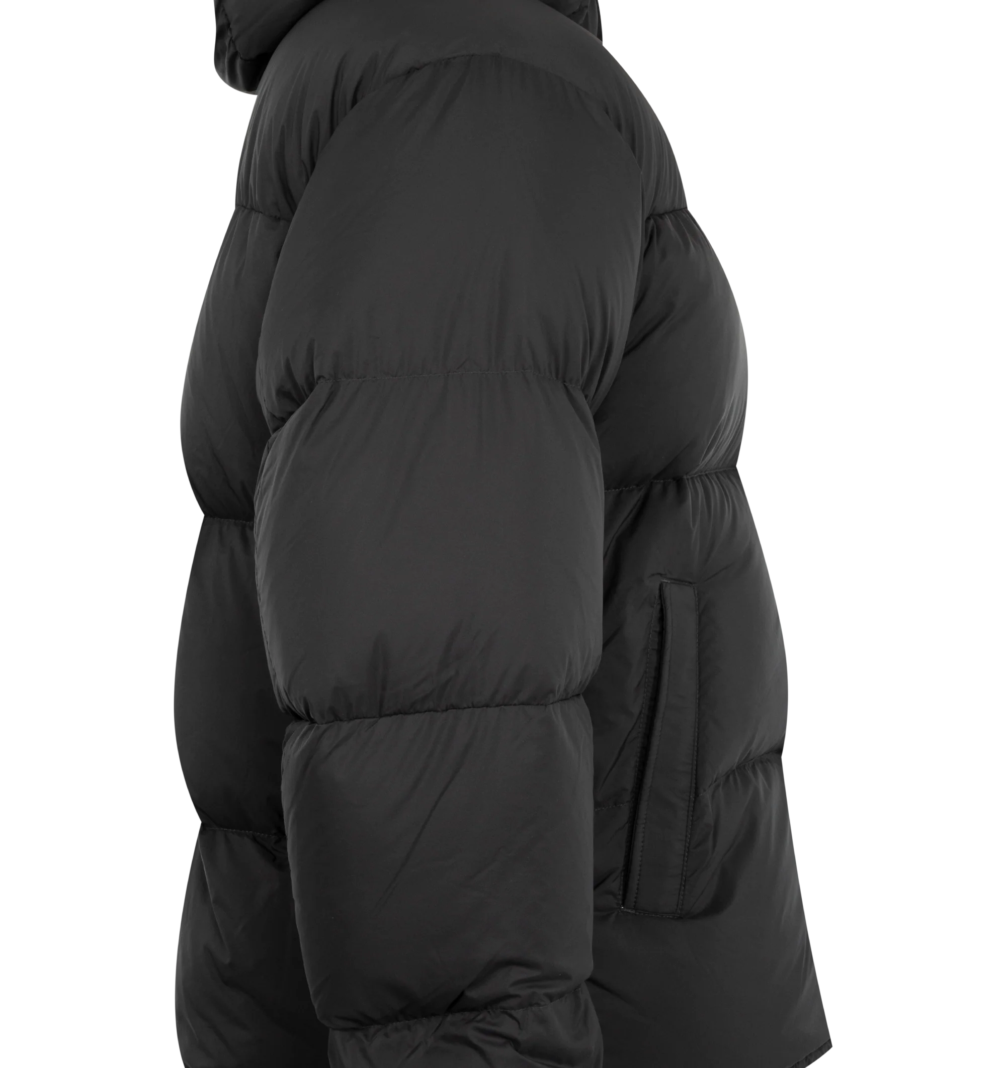 Image 3 of 3 - BLACK - Canada Goose Men's Sterling Puffer Coat is crafted from lightweight plain-weave poly fabric with a smooth matte finish and features a regular-fit silhouette with wide quilted baffles. Designed for cold-weather protection, this down-filled coat is finished with a fixed hood with hidden cord lock, a concealed snap placket over a two-way zip closure, an exposed bottom snap, elasticized cuffs, and an adjustable drawcord hem. Functional storage includes two exterior zippered welt pockets,