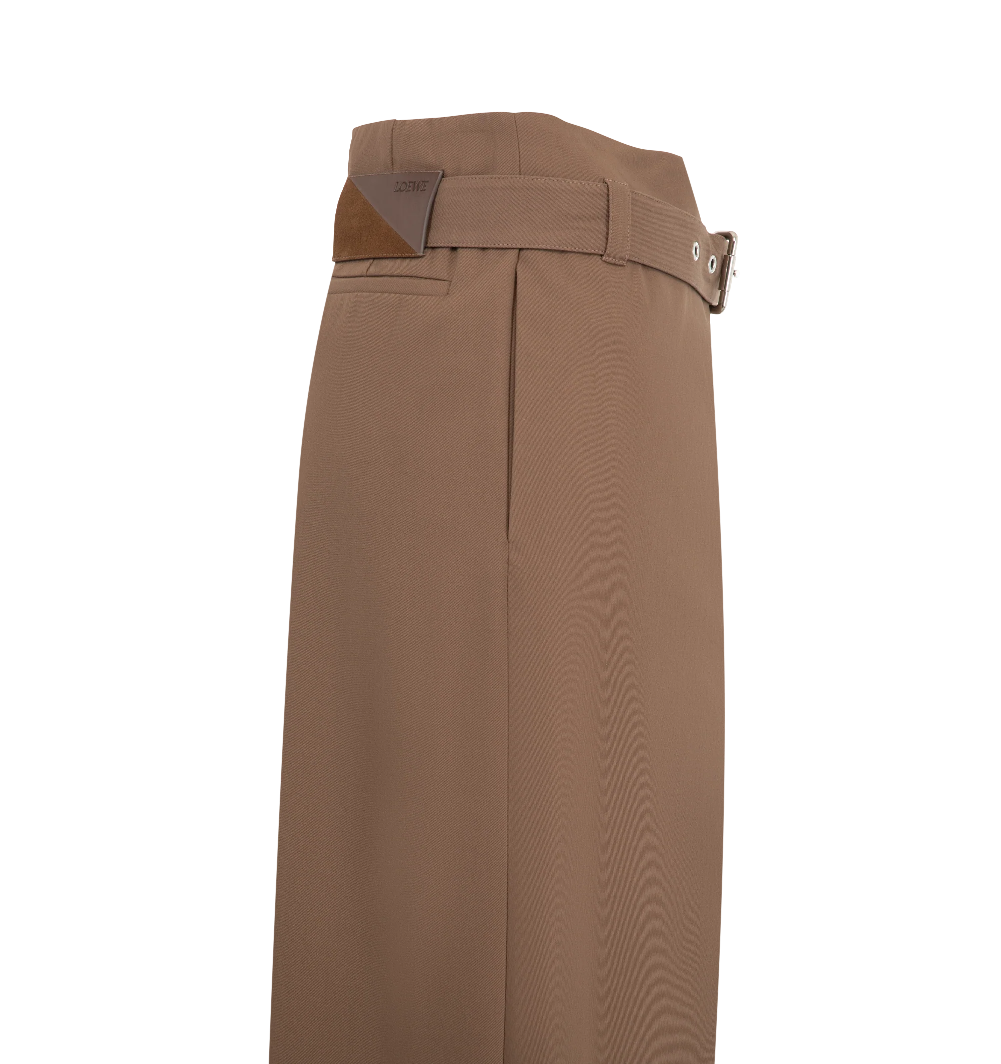 Image 3 of 3 - BROWN - Loewe Women's Trousers are crafted from lightweight cotton utility and feature an asymmetric draped front with a detachable leather-backed buckle belt. Designed with a relaxed, wide-leg silhouette, they are finished with a mid waist, concealed hook-and-button fastening, seam and welt pockets, and a LOEWE-embossed leather and suede patch at the back. Main Material: Cotton. Made in Italy. 