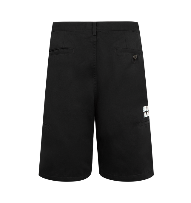 Image 2 of 3 - BLACK - HUMAN MADE Skater Shorts featuring relaxed fit, lightweight polyester-cotton twill, two tucks on the front, zip fly with branded button, total of six pockets, brand logo above the right side pocket, heart button on the right back pocket and heart patch on the front left hem. 65% polyester, 35% cotton. Made in Japan..
