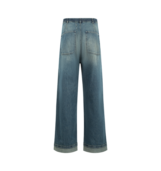 Image 2 of 3 - BLUE - MAISON MARGIELA Wide-Leg Jeans featuring 8 oz. japanese denim, full-length, wide-leg fit, large patch pockets at front and back, rolled cuffs, button and zip front closure and four stitches at the back. 100% cotton. Made in Italy. 