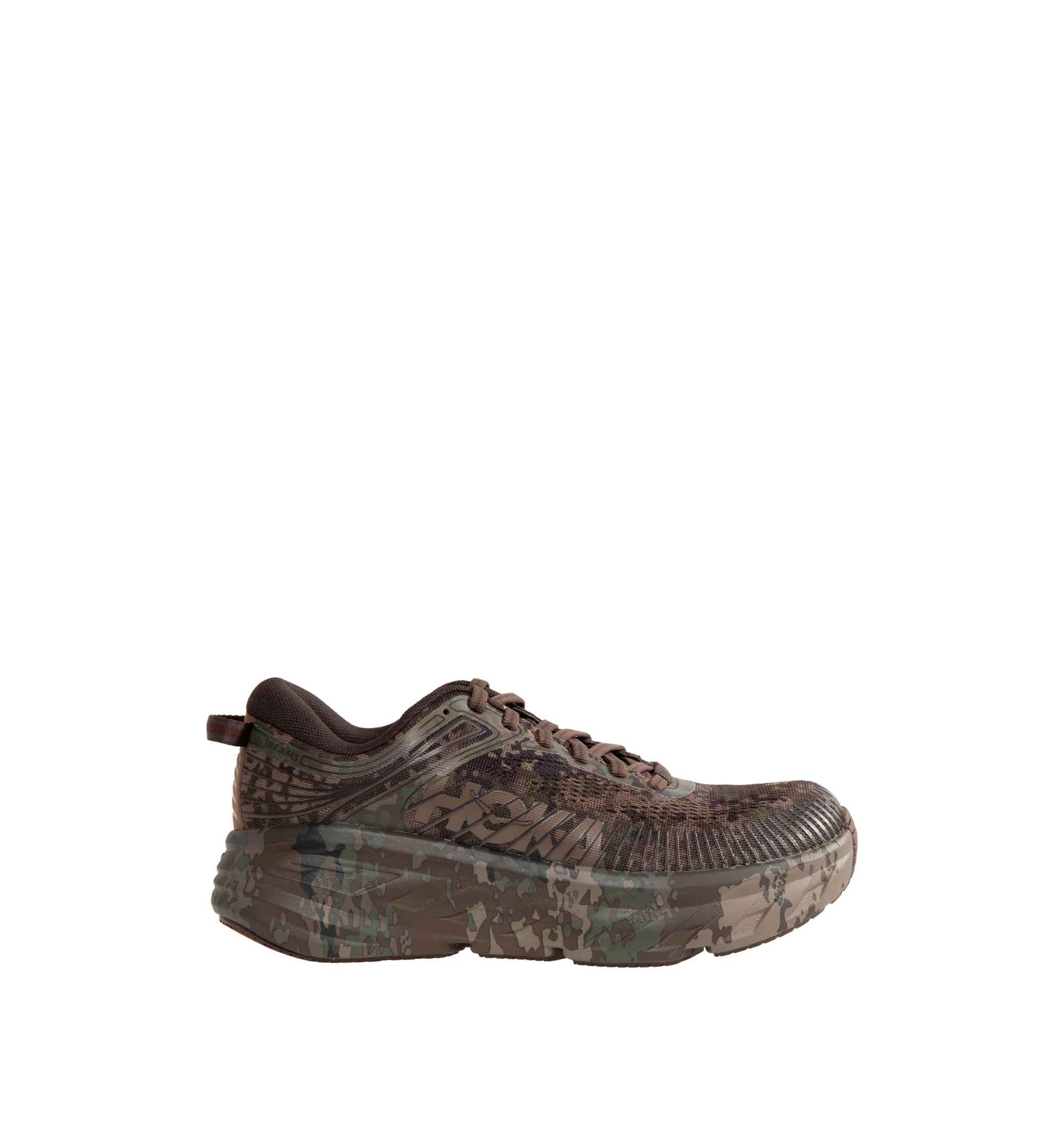 Image 1 of 5 - BROWN - Hoka Unisex Bondi 7 Beams Sneakers reinterpret the ultra-cushioned silhouette with a custom camouflage upper inspired by Japanese Zen gardens. The vegan open-mesh construction features a memory foam collar, TPU overlays, 3D-printed logos, a reflective secondary lace, and a lace keeper. Upper: Vegan Mesh and TPU. *Unisex style in men's sizing.