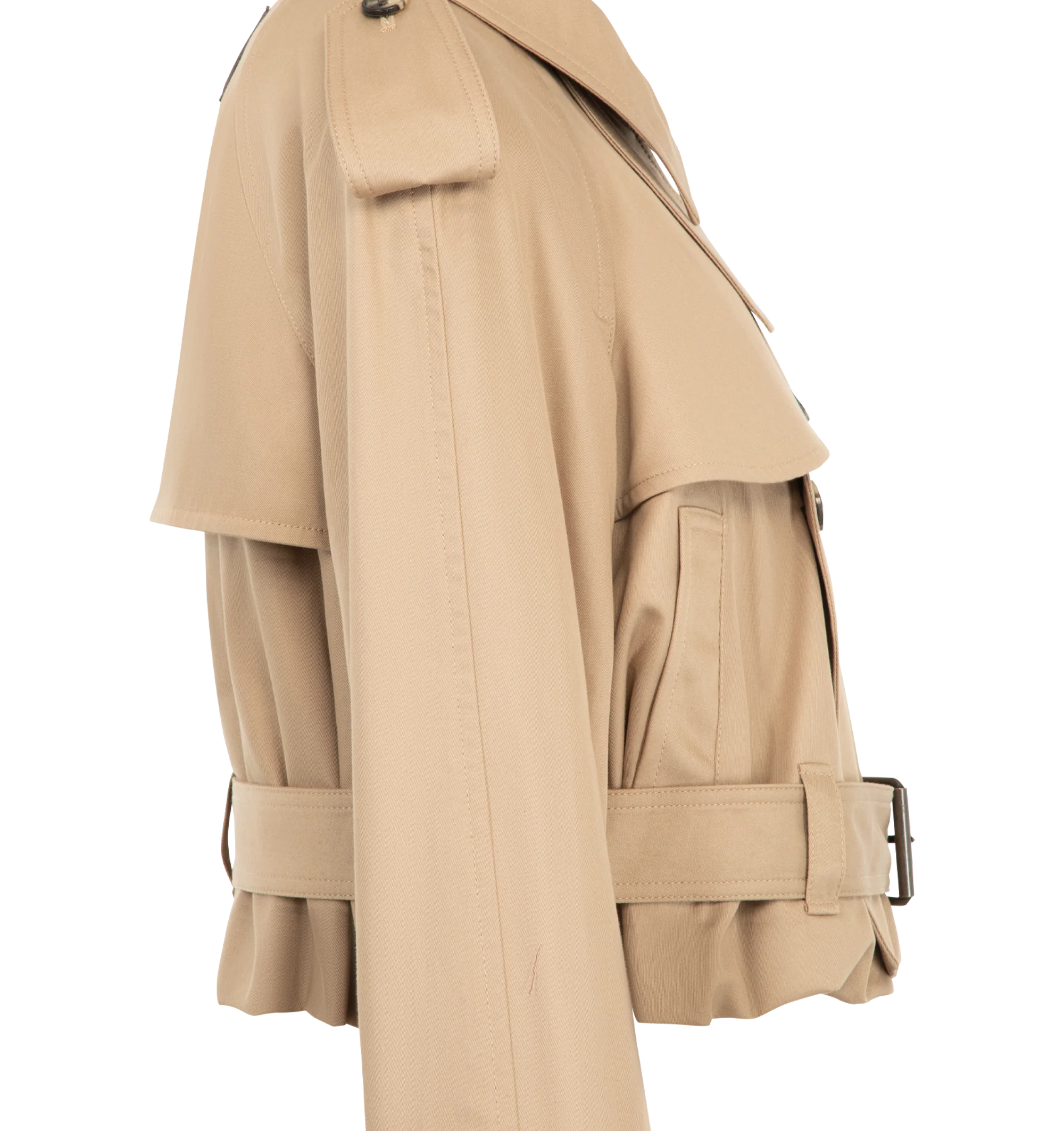 Image 3 of 3 - NEUTRAL - JW Anderson Women's Cropped Trench Coat is crafted from water-resistant cotton and features a cropped, boxy-fit silhouette that reinterprets the classic trench coat with a contemporary proportion. Designed with traditional trench details including a gun flap, throat latch, storm shield, self-fabric belt at the waist and cuffs, welt pockets, horn buttons, and a full cotton lining. Main Material: 100% Cotton. Lining: 100% Cotton. Made in Italy.