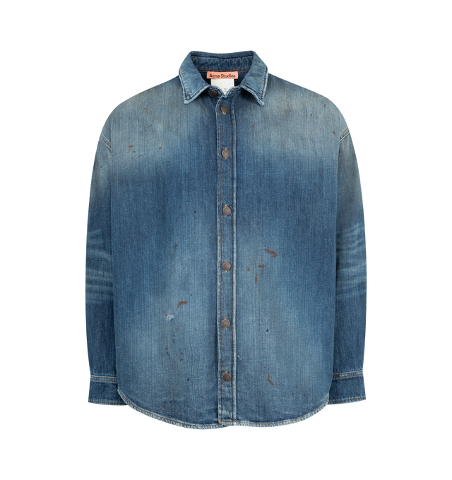 Image 1 of 2 - BLUE - ACNE Denim Button-up Shirt featuring relaxed unisex fit, regular length, paint marks, holes, and dirt marks, center-front branded button closure and back yoke pleats. 100% cotton.