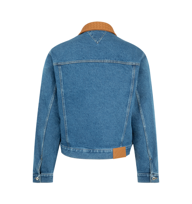 Image 2 of 3 - BLUE - BOTTEGA VENETA Medium Indigo Denim Jacket featuring intrecciato leather collar, embossed Intrecciato leather patch and regular fit. 100% cotton. Made in Italy. 