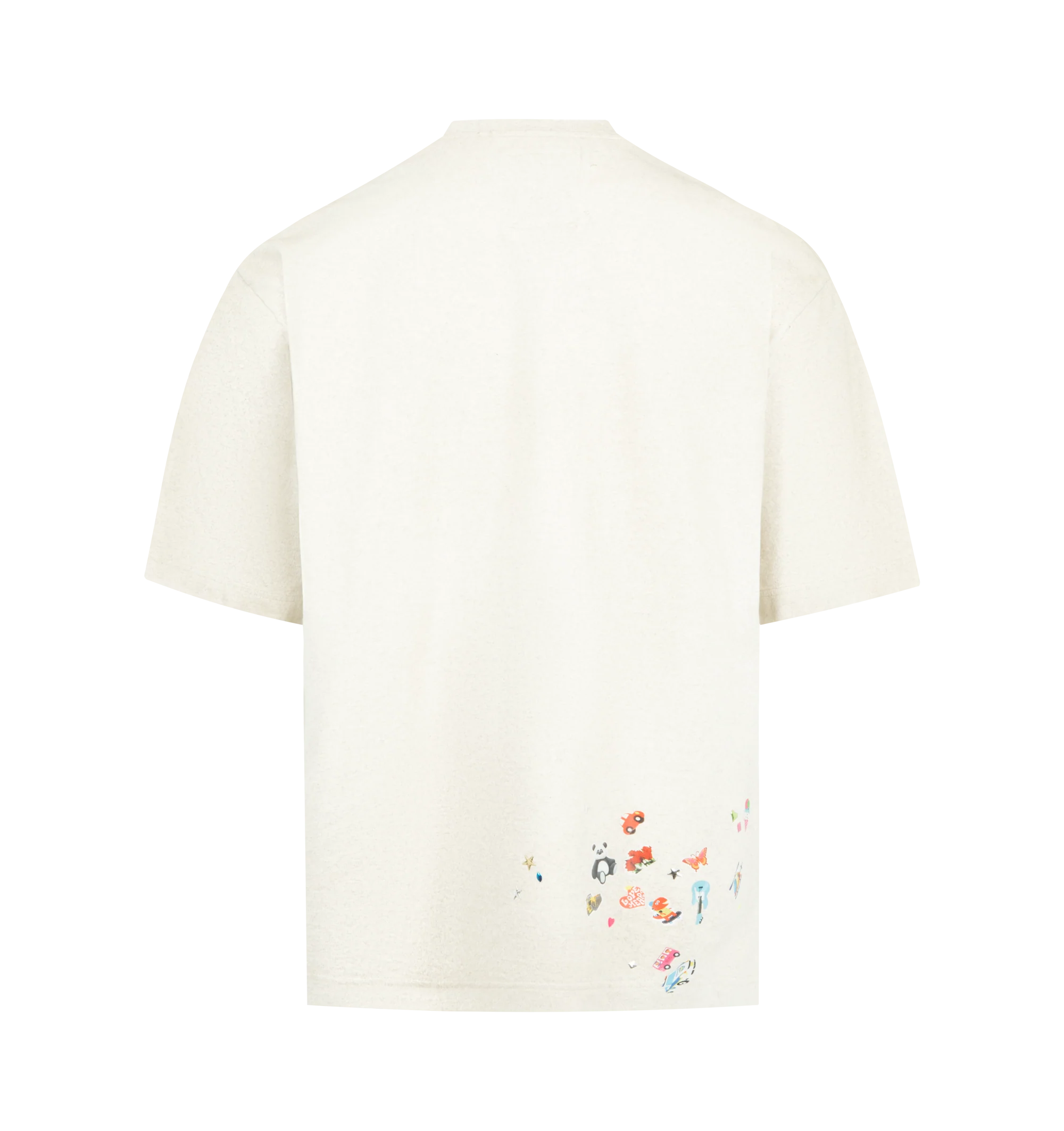 Image 2 of 2 - GREY - Maison Mihara Yasuhiro Kids Sticker T-Shirt is crafted from cotton and features a classic crew neckline, short sleeves, and signature Sticker graphic artwork for a playful contemporary look. This designer graphic T-shirt combines soft everyday comfort with Maison Mihara Yasuhiro's distinctive streetwear aesthetic, making it an easy wardrobe staple. Main Material: 100% Cotton. Made in Japan.