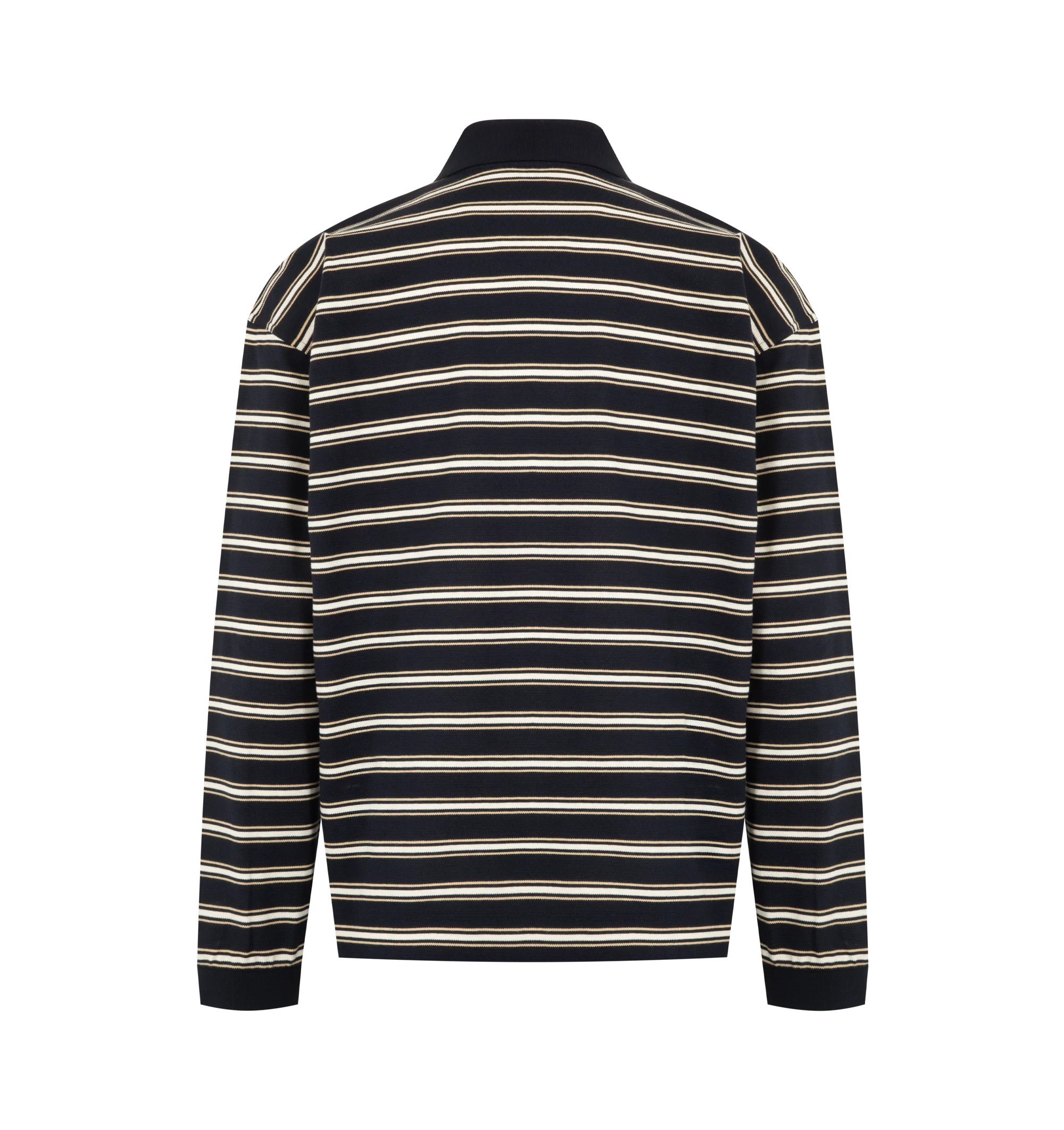 Image 2 of 2 - MULTI - Bottega Veneta Mens Striped Polo Sweater is crafted from premium cotton knit. Features a relaxed fit, long sleeves, ribbed collar and cuffs, button placket, chest pocket, and all-over striped pattern. Main Material: 100% Cotton. Made in Italy 