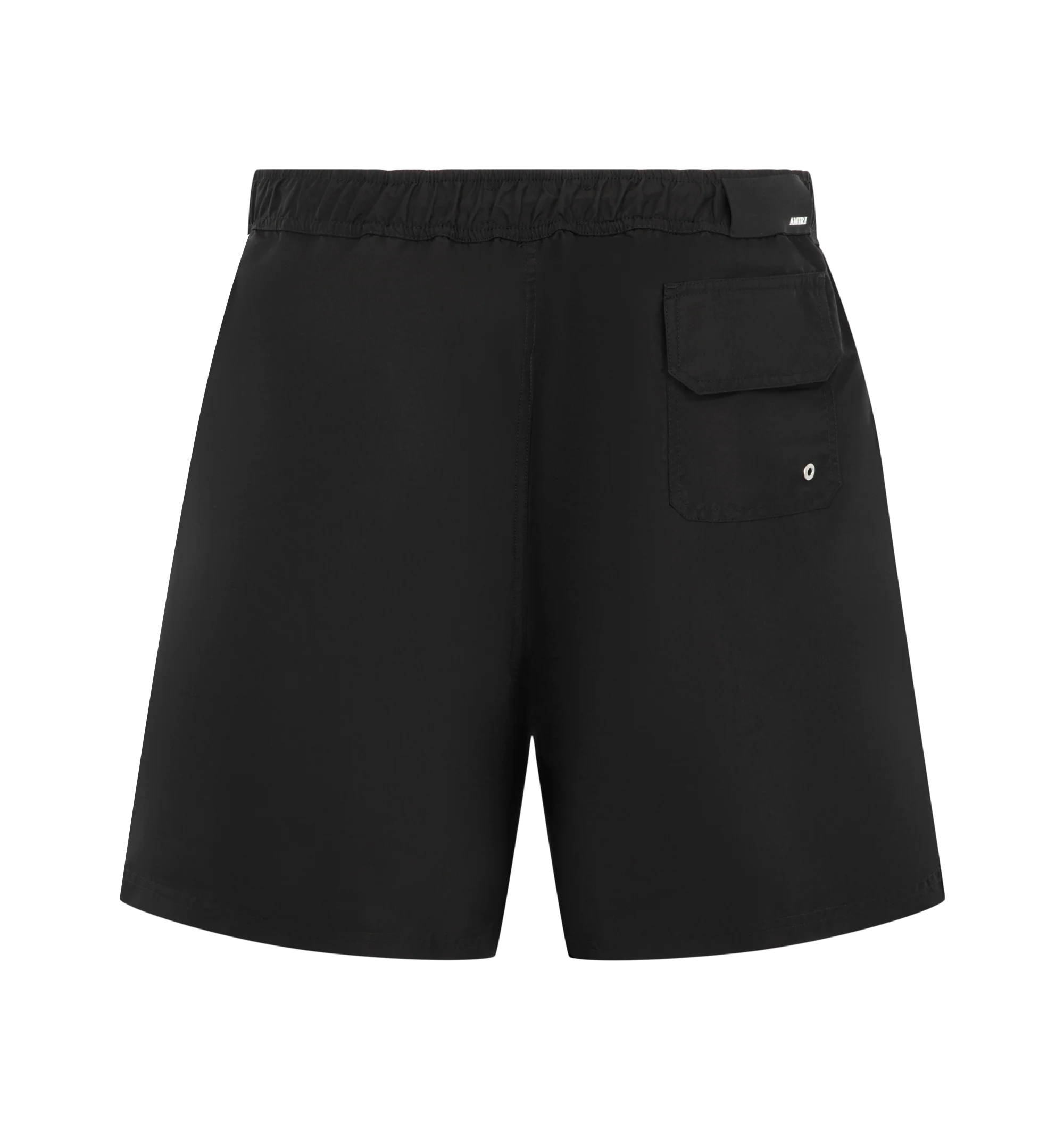 Image 2 of 3 - BLACK - Amiri Mens Logo Swim Trunks are crafted from lightweight technical fabric. Feature an elasticized waistband with adjustable drawcord, side seam pockets, and a relaxed fit. Main Material: 100% Polyester. Made in Bangladesh.