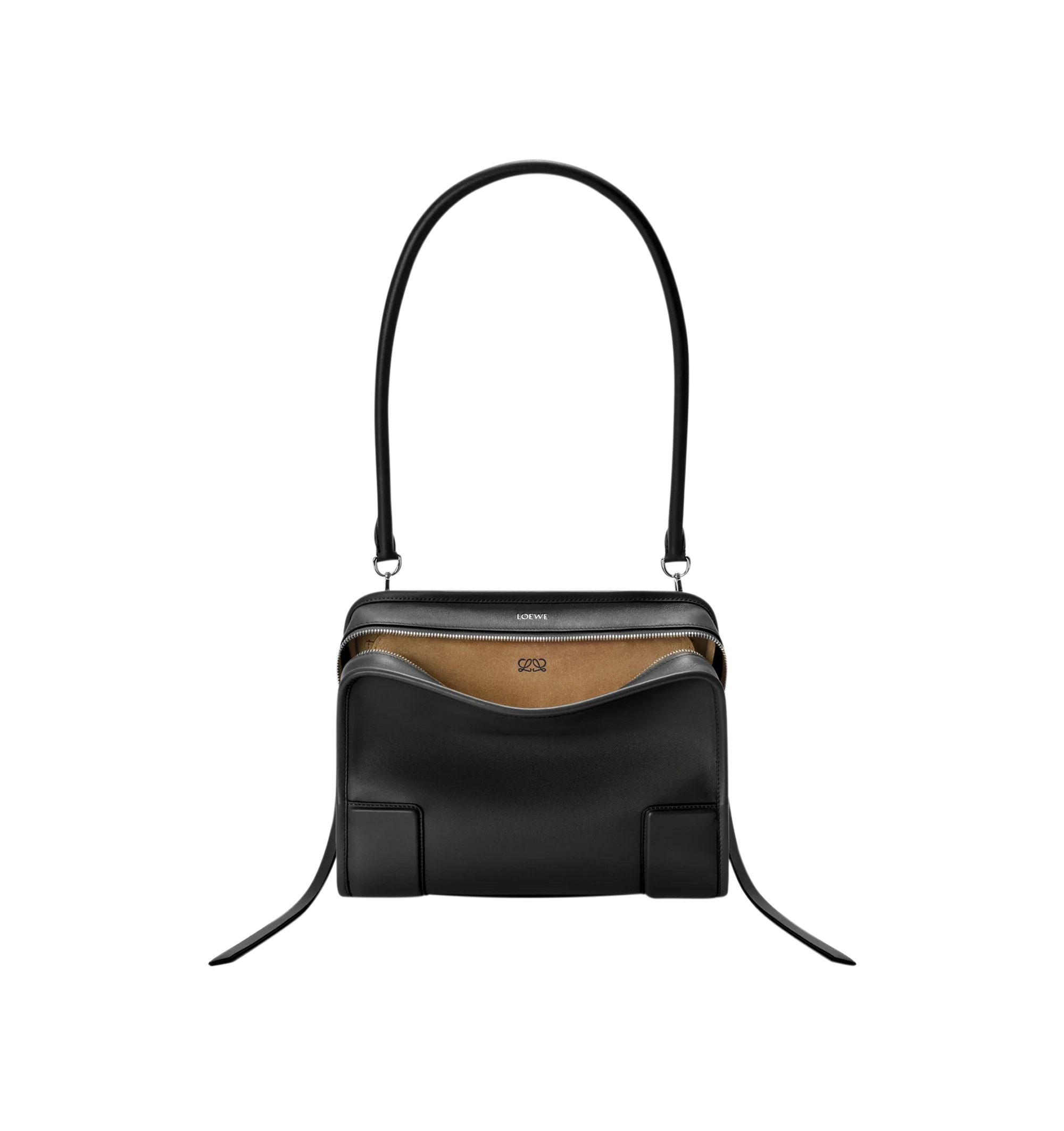 Image 10 of 17 - BLACK - Loewe Amazona Medium 180 Bag in soft calfskin leather featuring a relaxed silhouette with a single toron top handle, designed to be carried open, while a concealed closure secures the main compartment, removable shoulder and crossbody straps, zip closure with two leather zip pullers, two compartments, main compartment closed with magnetic closure, internal flat pocket, suede lining and embossed logo. Soft calfskin. Strap length 108 cm; Strap Drop 50 cm; Handle drop 11 - 28 cm; Heigh