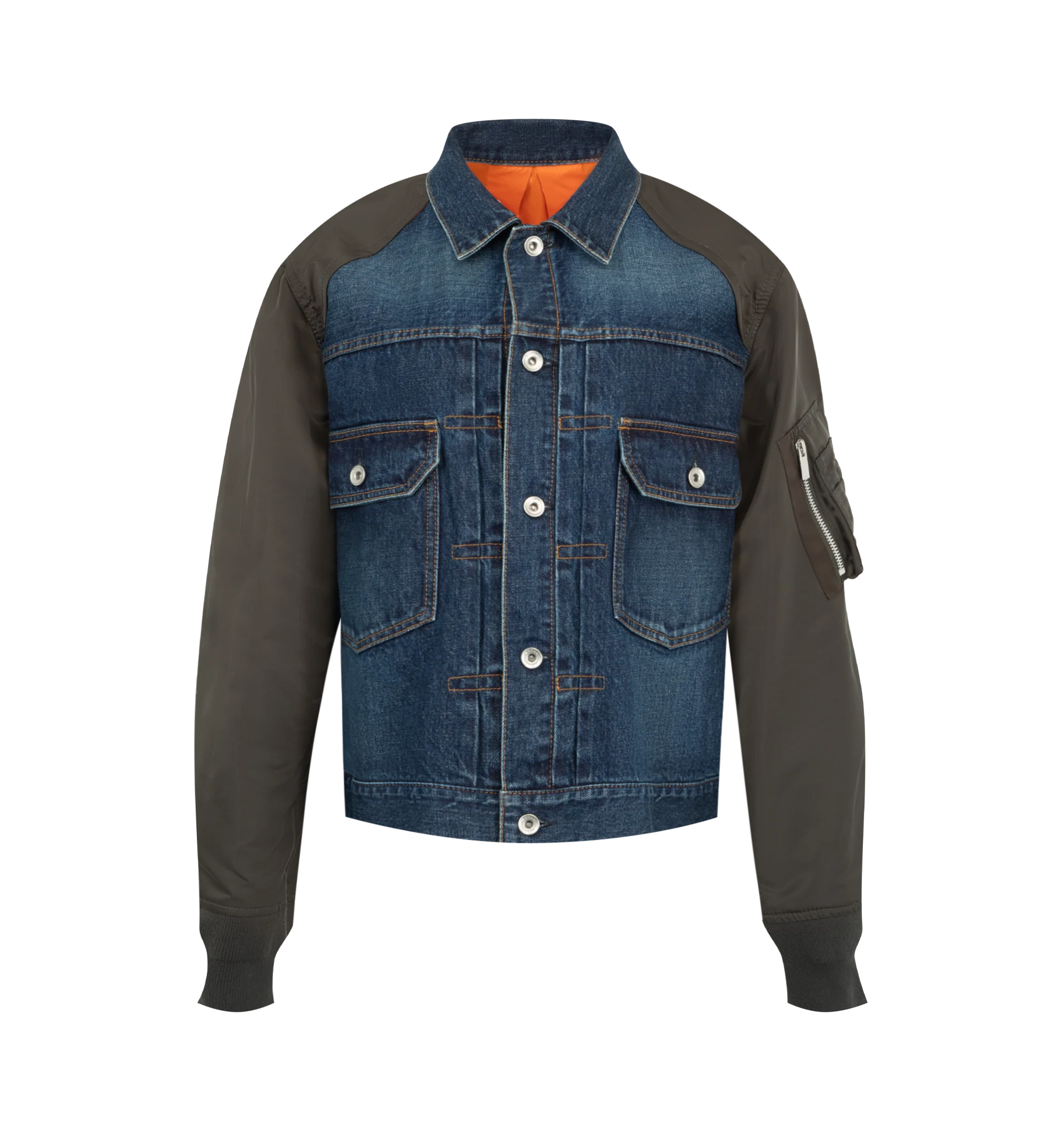 Image 1 of 4 - BLUE - Sacai denim bomber blouson with cotton denim front panel and contrast nylon twill sleeves. Features a classic collar, button-front closure, contrast stitching, patch pockets with flap and button, zip pocket on the sleeve, ribbed hem and cuffs, and back central crease. Outer is 100% cotton denim with 100% nylon sleeves and 100% polyester lining. Made in Japan.