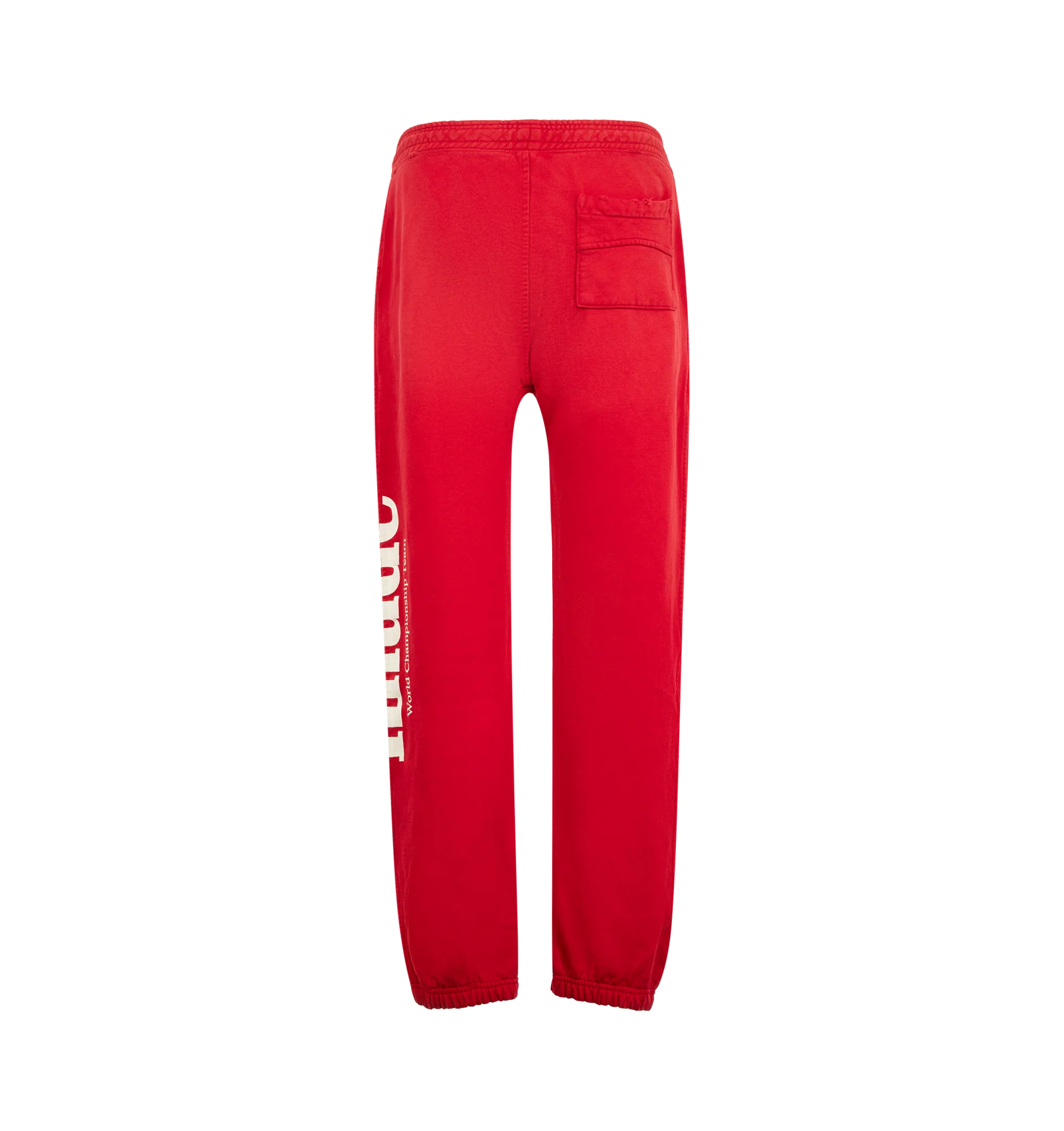 Image 2 of 4 - RED - Rhude Desert Racing Script Cuffed Sweatpant is crafted from cotton and features a relaxed silhouette with elasticated cuffs for a tapered fit. Designed with Desert Racing Script graphics, an elasticated waistband, and functional pocket detailing for everyday comfort. Main Material: 100% Cotton. Made in USA.