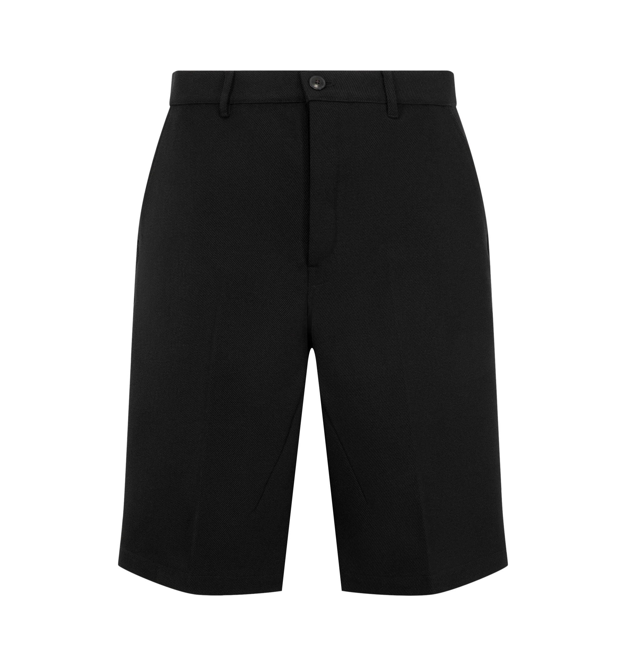 Image 1 of 3 - BLACK - Rick Owens Mens Work Shorts are crafted from wool whipcord. Feature a knee-length silhouette, button closure with belt loops, diagonal side pockets, back pockets, pressed front and back creases, and a cupro lining. Main Material: 100% Virgin Wool; Lining: 100% Cupro; Buttons: 100% Buffalo Horn. Made in Italy.