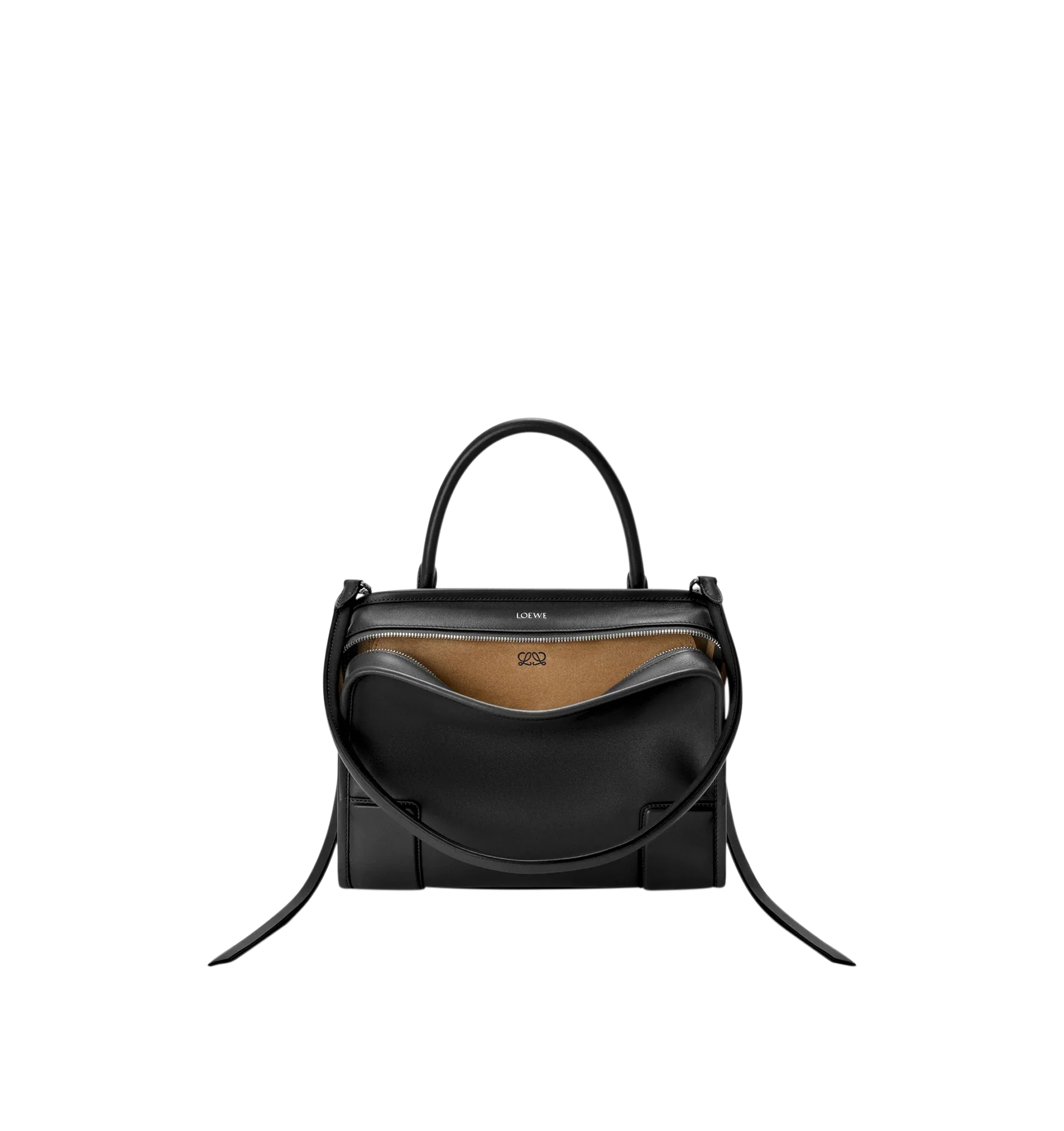 Image 5 of 17 - BLACK - Loewe Amazona Medium 180 Bag in soft calfskin leather featuring a relaxed silhouette with a single toron top handle, designed to be carried open, while a concealed closure secures the main compartment, removable shoulder and crossbody straps, zip closure with two leather zip pullers, two compartments, main compartment closed with magnetic closure, internal flat pocket, suede lining and embossed logo. Soft calfskin. Strap length 108 cm; Strap Drop 50 cm; Handle drop 11 - 28 cm; Height 