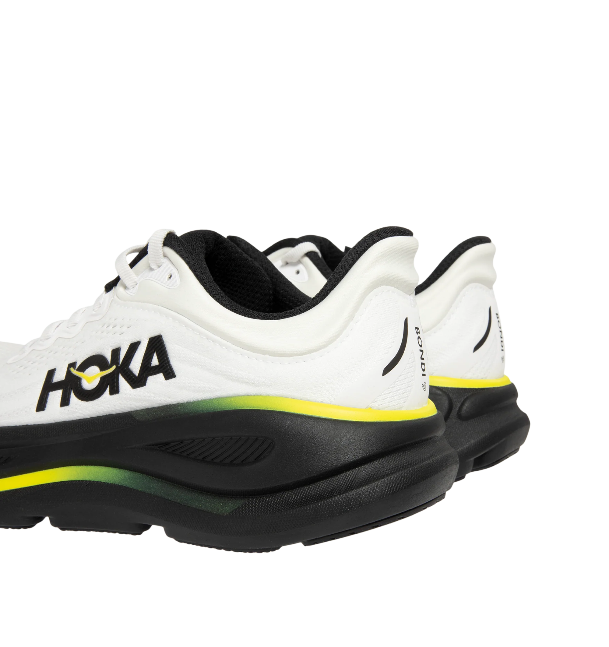 Image 3 of 5 - WHITE - Hoka M Bondi 9 Sneaker featuring engineered mesh upper with rubber sole, lace-up front, foamed EVA midsole and increased stack height for maximum cushioning, zonal breathability, reflective detailing and cushioned tongue and collar. 