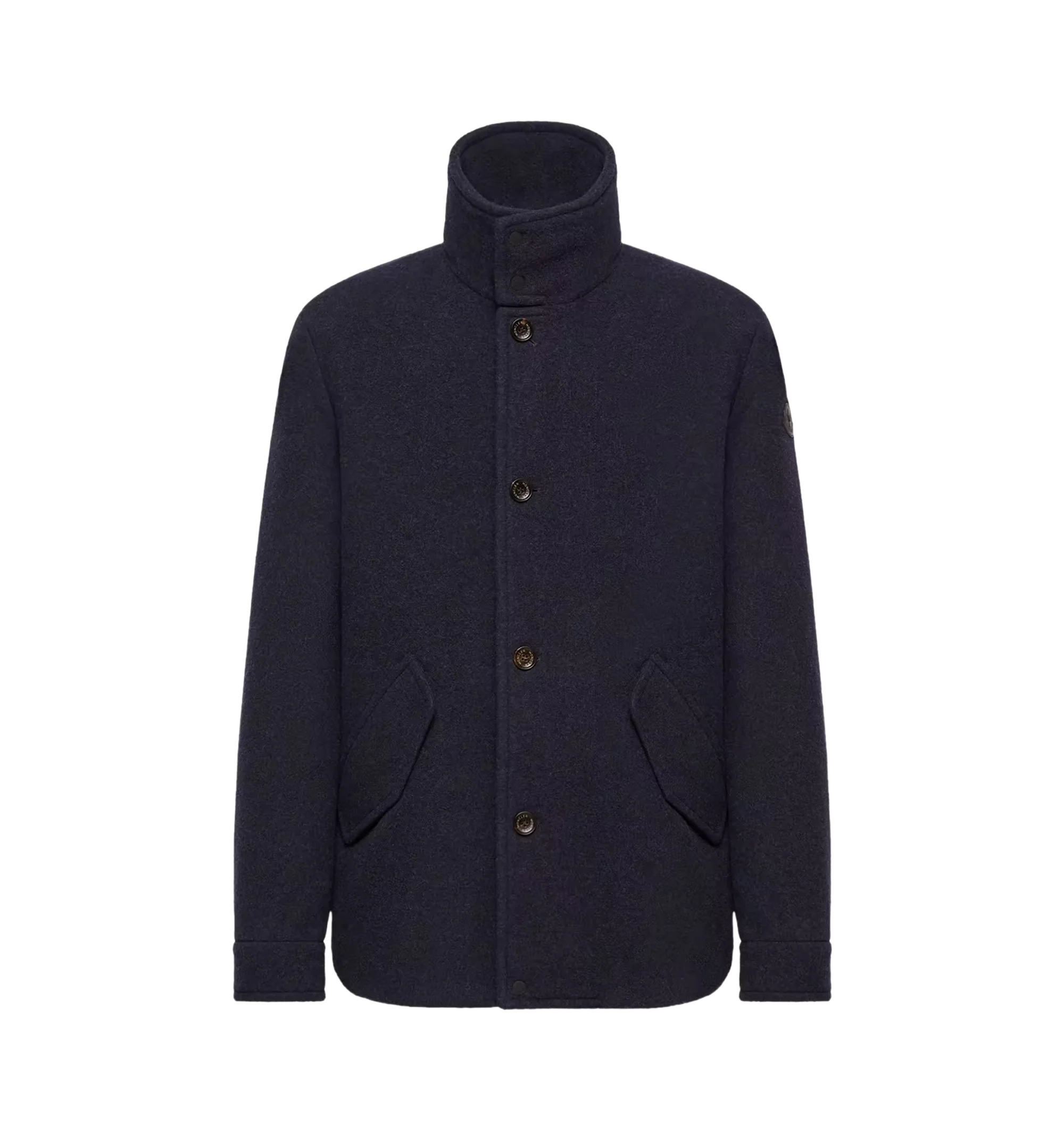Image 1 of 1 - NAVY - Moncler Panyol Short Down Jacket combines refined tailoring with warmth, crafted from luxurious virgin wool and filled with premium down insulation. Featuring an ultra-light AirSoft lining, a regular fit with fitted shoulders and chest, and a boxy waistline, zip and snap-button closure, zipped pockets, adjustable cuffs, and a signature leather logo patch. Exterior: 100% Virgin Wool; Lining: 100% Polyester; Padding: 90% Down, 10% Feather; Details Padding: 100% Polyester; Leather Tag: Co