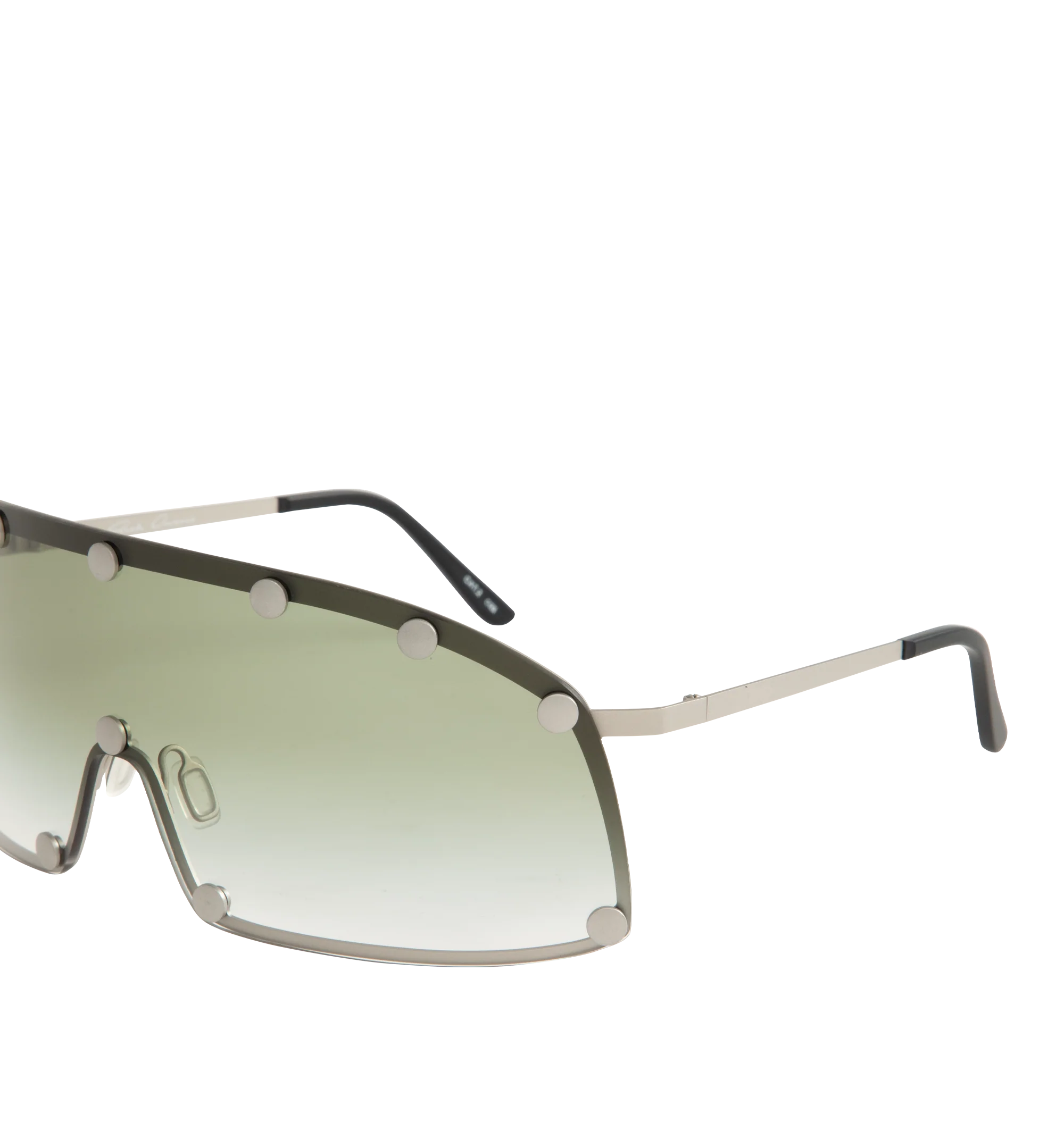 Image 3 of 3 - SILVER - Rick Owens Silver Shielding Sunglasses feature an aviator-style stainless steel frame with gradient green lenses and rivet detailing. Designed with adjustable rubber nose pads, rubber temple tips, and include a leather storage pouch. Frame Material: Stainless Steel. 100% UV protection. Made in Italy.