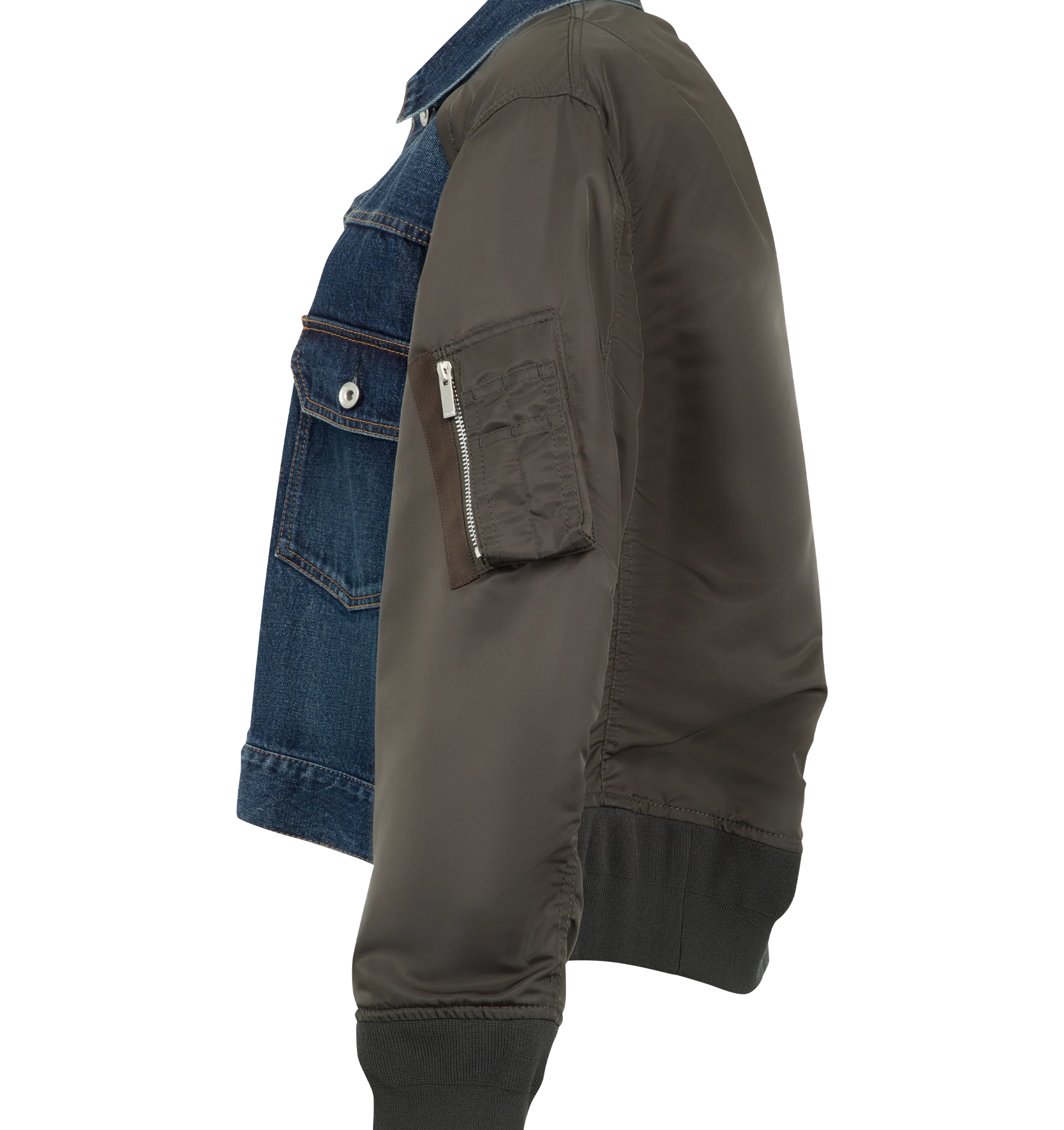 Image 4 of 4 - BLUE - Sacai denim bomber blouson with cotton denim front panel and contrast nylon twill sleeves. Features a classic collar, button-front closure, contrast stitching, patch pockets with flap and button, zip pocket on the sleeve, ribbed hem and cuffs, and back central crease. Outer is 100% cotton denim with 100% nylon sleeves and 100% polyester lining. Made in Japan.