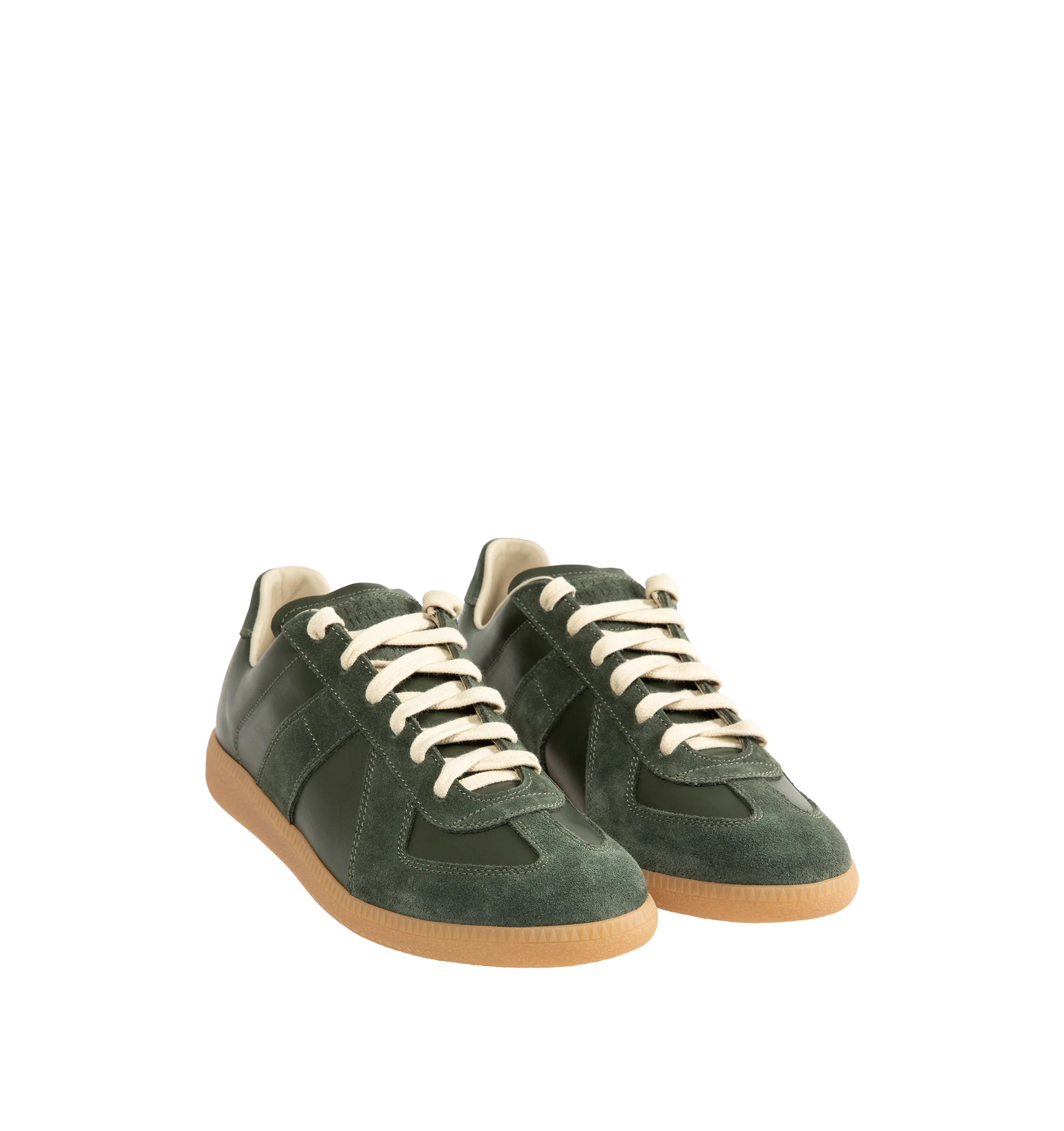 Image 2 of 5 - GREEN - Maison Margiela Men's High Quality Luxury Sneakers featuring lace-up sneakers in buffed nappa calfskin and calfskin suede, contrasting sole, Maison Margiela logo label on the tab, internal High Quality Luxury label, internal elastic and all-over Maison Margiela logo insole. 100% calf leather. Sole: 100% rubber. Made in Italy. 