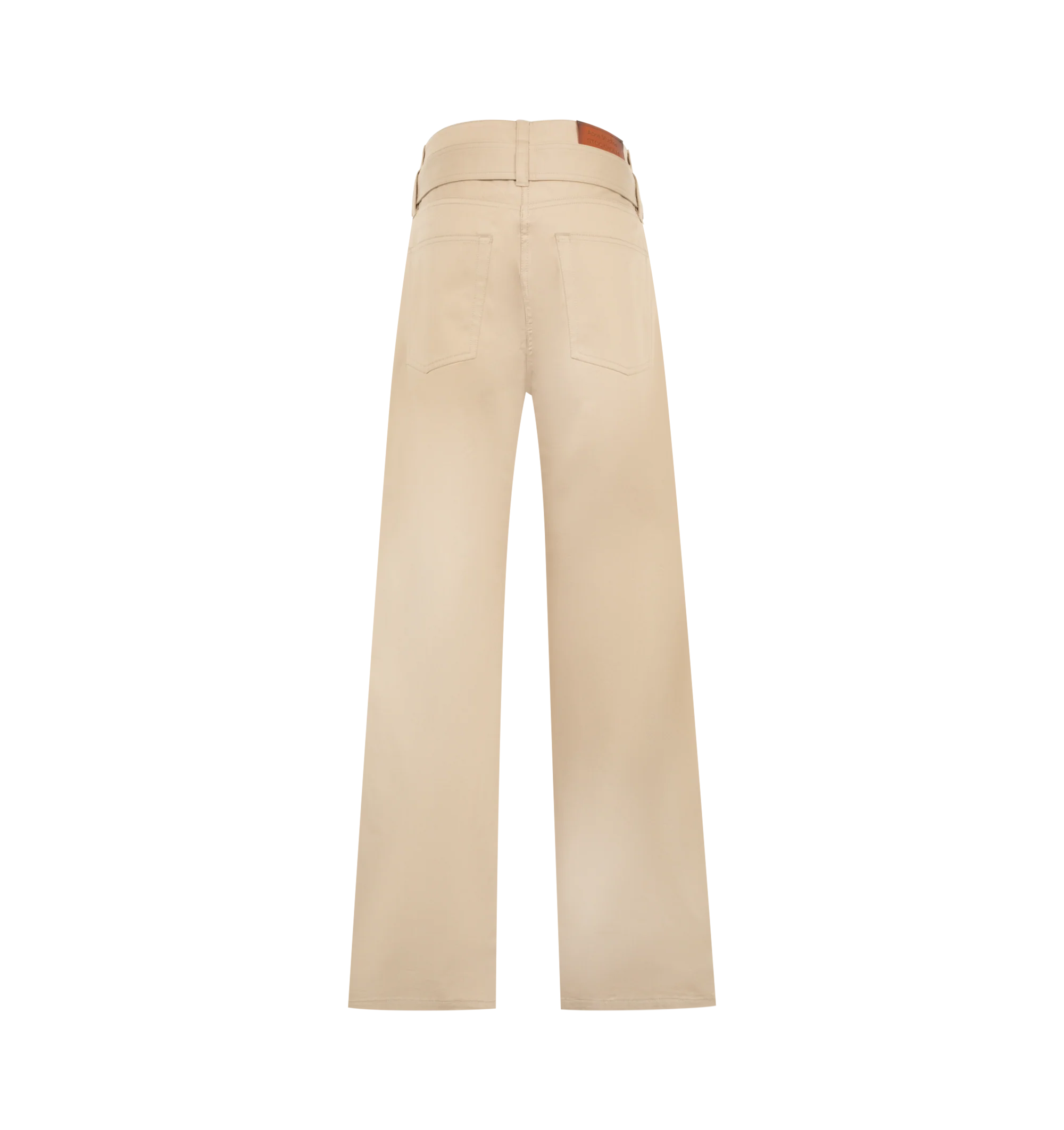 Image 2 of 3 - NEUTRAL - Acne Studios Womens Twill Trousers are crafted from classic cotton twill. Feature a regular fit, five-pocket construction, matching adjustable belt with leather-covered buckle, leather logo patch at the back waist, and belt loops. Main Material: 99% Cotton, 1% Elastane; Patch: 100% Cow Leather. Made with organically grown cotton. 