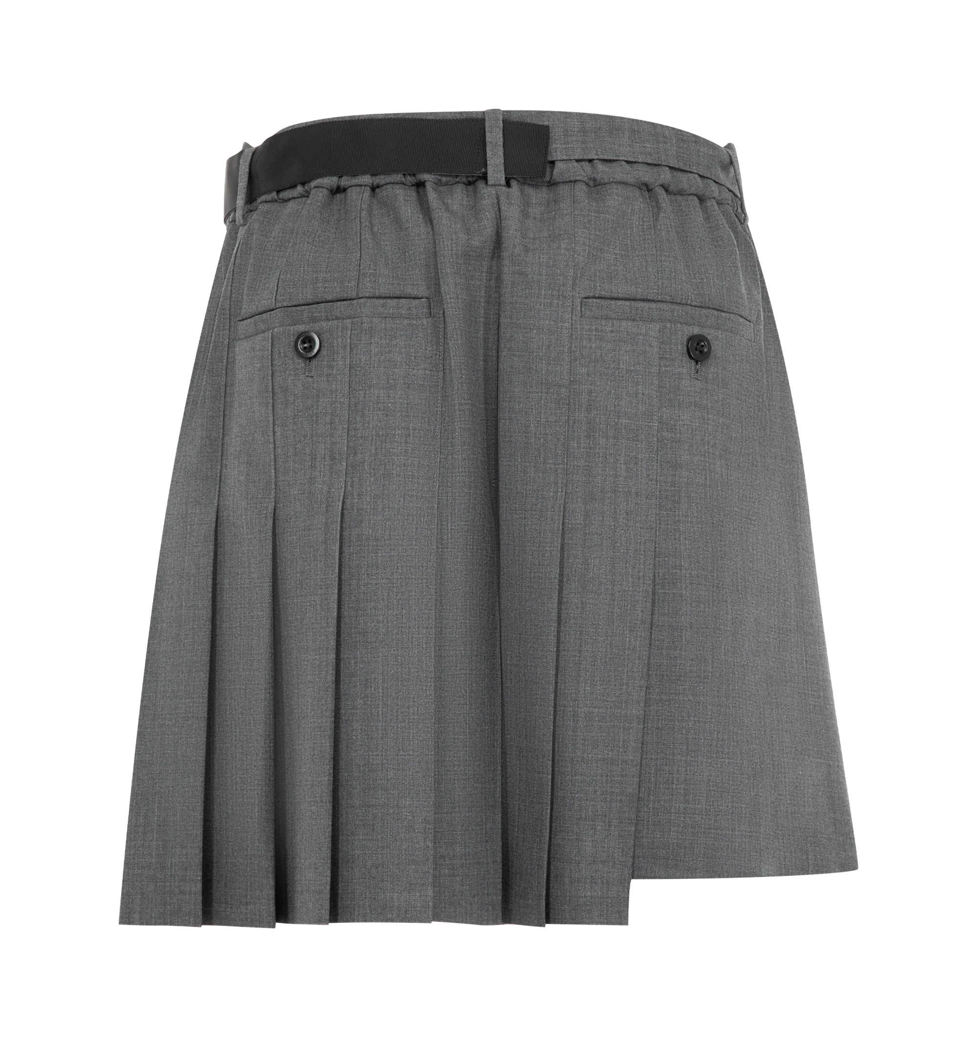Image 2 of 3 - GREY - Sacai pleated suiting shorts in an above-knee length with asymmetric hemline and built-in adjustable belt. Outer fabric is 70% polyester / 30% wool with 100% cupro lining. Made in Japan.