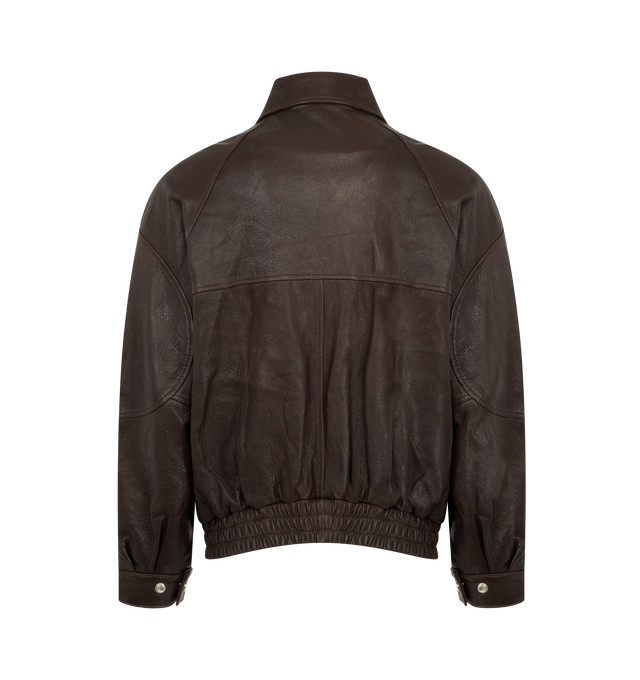 Image 2 of 3 - BROWN - ENFANTS RICHES DEPRIMES Prince Phillip's Childhood Leather Jacket featuring zip front leather bomber in lambskin, viscose twill lining, snap closure storm flap, paneled raglan sleeve construction, hand warming pockets at chest, flap pockets at waist with side entry, snap closure cuffs at wrist and elastic waistband. Made in Italy.