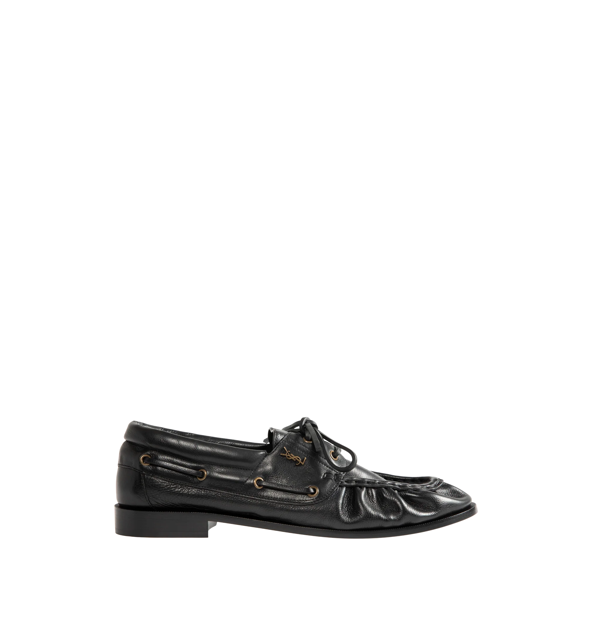 Image 1 of 4 - BLACK - Saint Laurent Mens Boat Shoes are crafted from metal-free tanned calfskin leather. Feature a lace-up boat shoe silhouette, hand-stitched moc toe, gold-tone CASSANDRE hardware, leather sole, and 1.5 cm heel height. Main Material: Calfskin Leather; Hardware: Brass; Sole: Leather. Made in Italy.