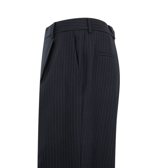 Image 3 of 3 - BLUE - Saint Laurent Mens Tailored Pants are crafted from certified virgin wool. Feature a high-rise waist, slim straight-leg silhouette, concealed hook, button, and zip closure, belt loops, front slash pockets, back welt pockets, and pressed center creases. Main Material: 100% Virgin Wool. Made in Italy.