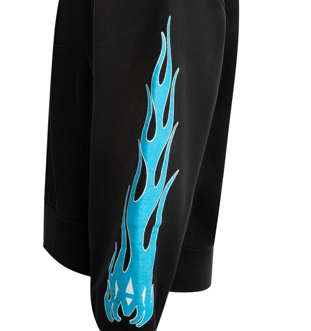 Image 3 of 3 - BLACK - AMIRI MA Flames Zip Hoodie featuring front zip closure, attached hood, front slant pockets, front and back printed logo, intentional fading and heavyweight knit fabric with fleece lining. 100% cotton. Made in Italy.
