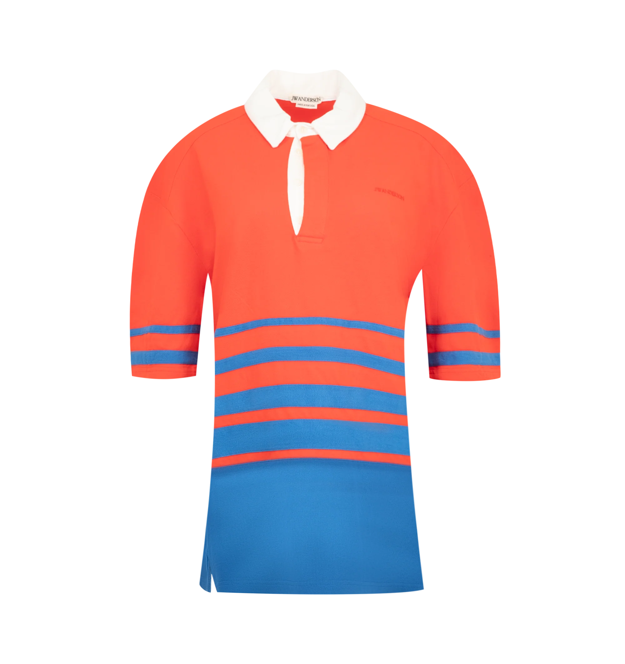Image 1 of 2 - MULTI - JW Anderson Women's Short-Sleeved Striped Rugby Polo in red blue cotton. In a relaxed fit, features an appliqu herringbone graduated stripe, a woven cotton twill collar and placket, and contrast wide hem panel. Finished with tonal embroidery anchor logo on the chest. Material: 100% Cotton. Made in Portugal.