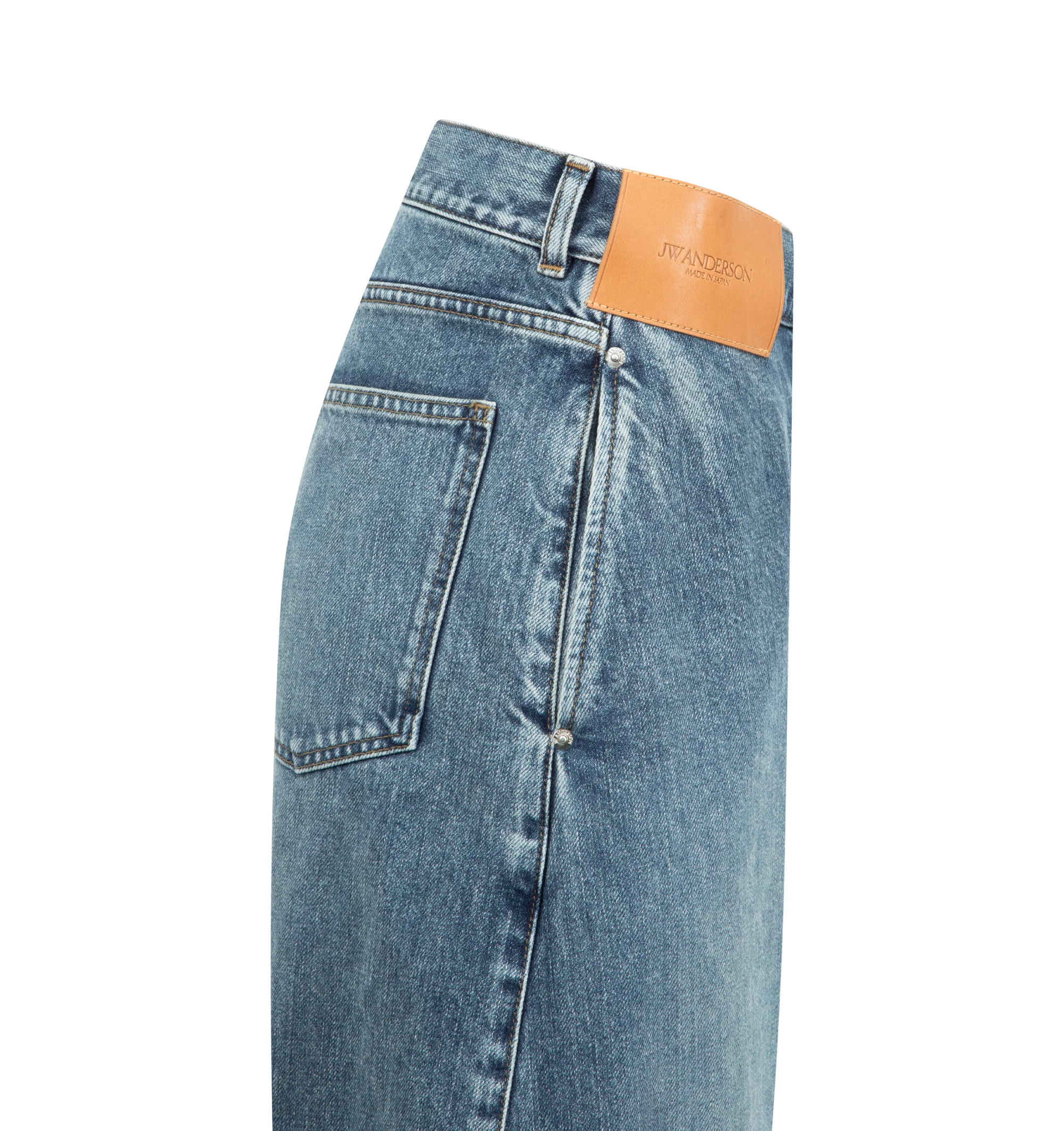 Image 3 of 3 - BLUE - JW ANDERSON Twisted Workwear Jeans featuring a large leather logo patch, anchor stitched pocket, engraved metal shank buttons, logo rivets and orange binding. 100% cotton. Made in Japan.