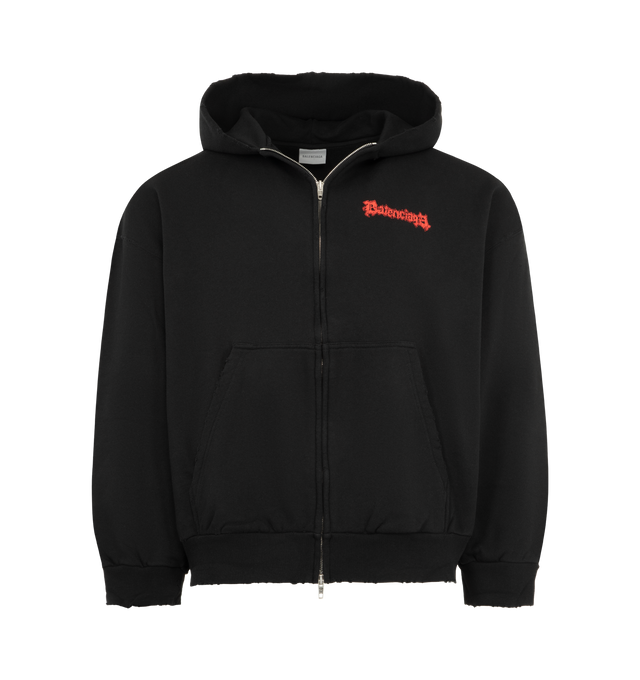 Image 1 of 2 - BLACK - BALENCIAGA Salon De Couture Zip-up Hoodie featuring dry fleece, worn-out details, hood with drawstring, dropped shoulders, double-ended zip fastening, 2 pockets at front, gathered at cuffs and waistline and Salon de Couture artwork printed at front and back. 100% cotton. Made in Portugal.