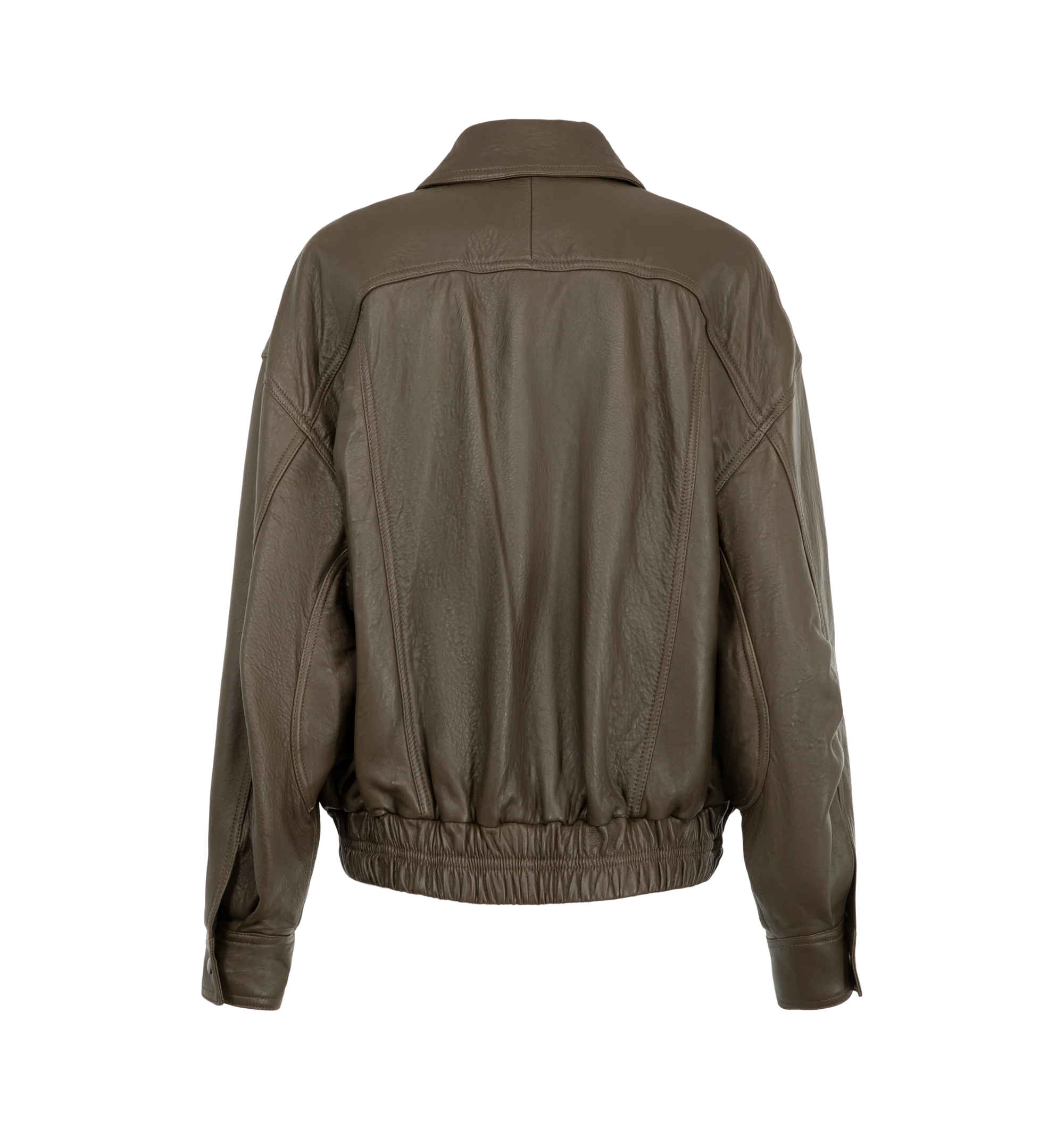 Image 3 of 4 - BROWN - Saint Laurent Women's Ranch Lambskin Bomber Jacket is crafted from supple lambskin leather and features a pointed collar, dropped shoulders, and an elasticized waist. A front zip closure with a snap-button storm flap, two front patch pockets, an interior welt pocket, and snap-button cuffs complete the design. Main Material: 100% Lambskin Leather. Lining: Cotton. Made in Italy. This item may be restricted for online purchase to international clients. For assistance purchasing this item 