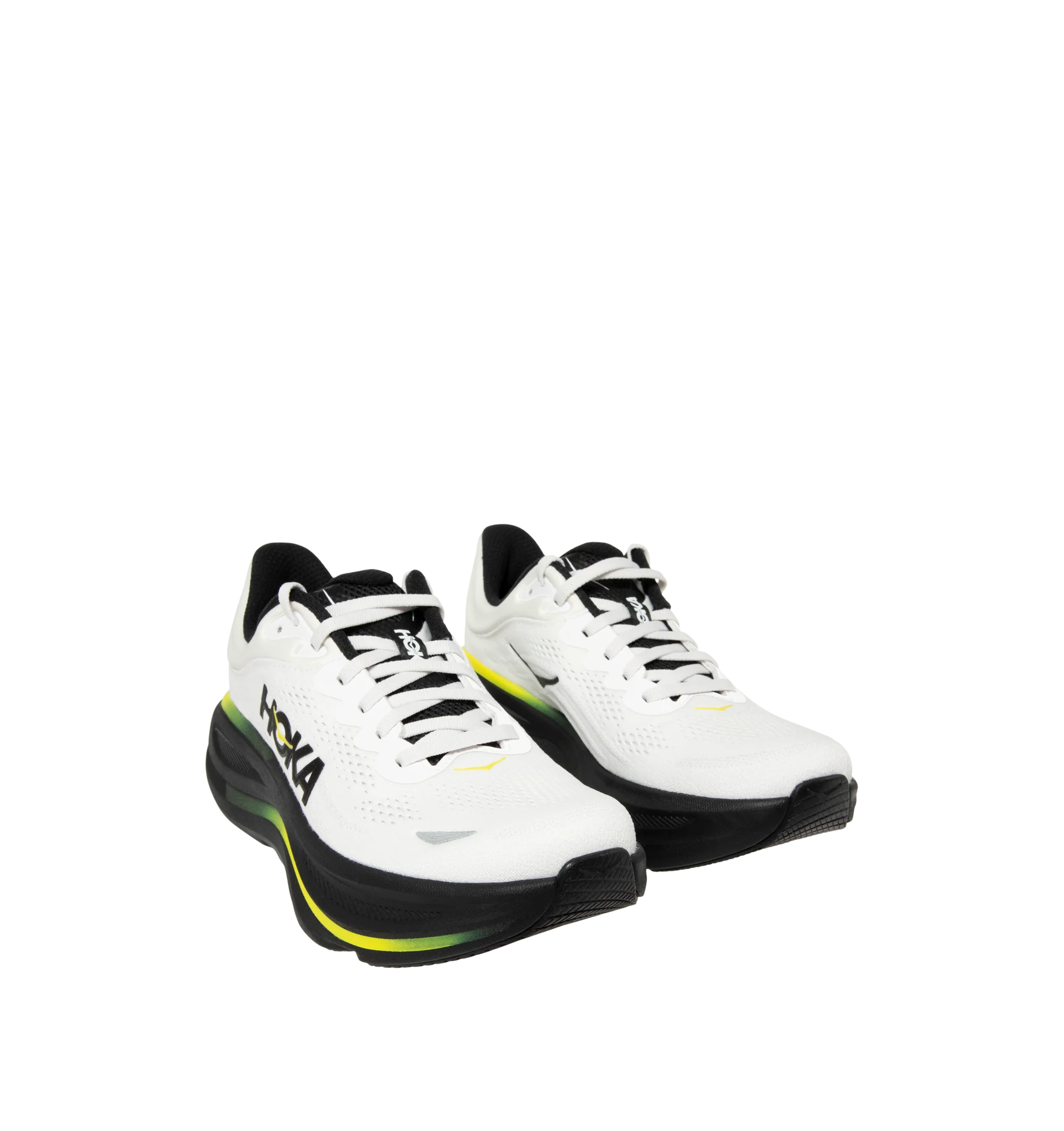 Image 2 of 5 - WHITE - Hoka M Bondi 9 Sneaker featuring engineered mesh upper with rubber sole, lace-up front, foamed EVA midsole and increased stack height for maximum cushioning, zonal breathability, reflective detailing and cushioned tongue and collar. 