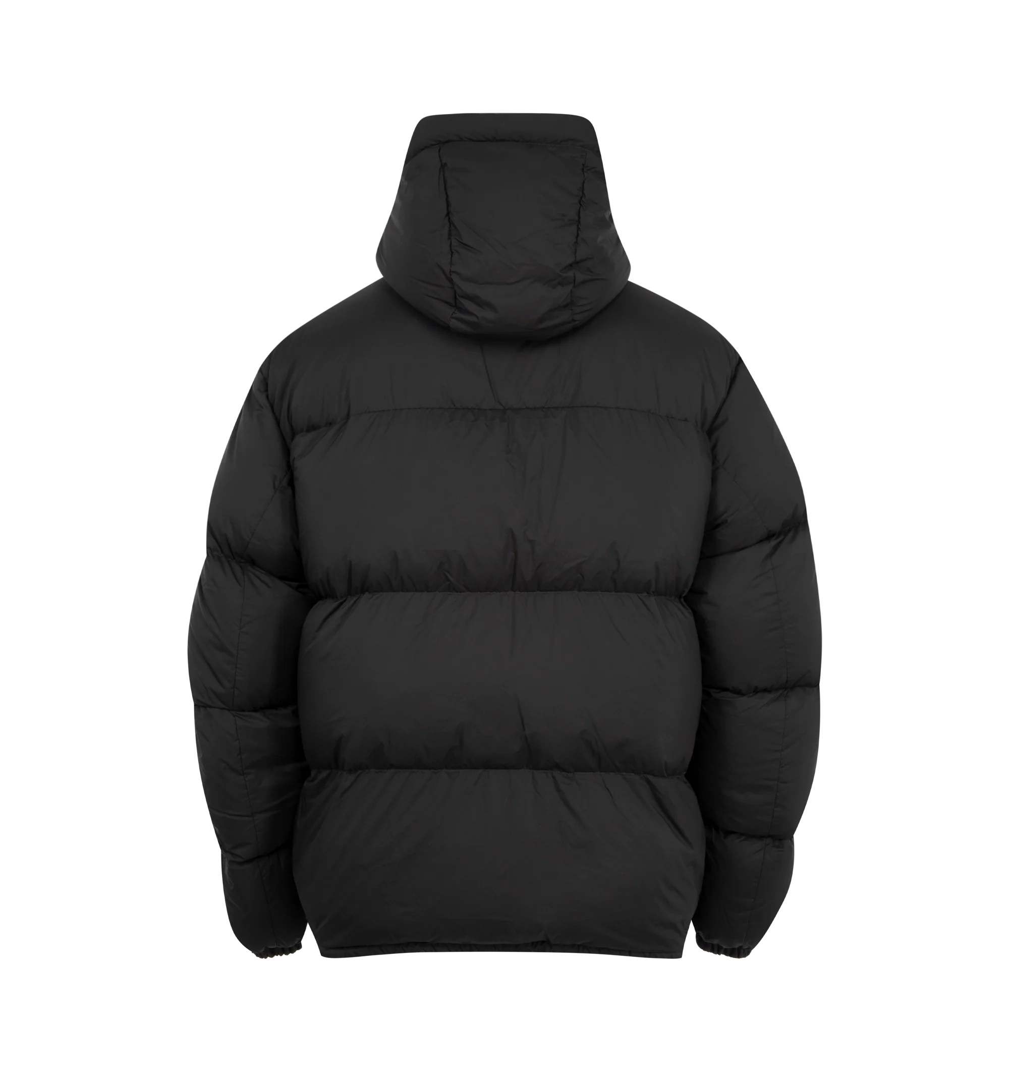 Image 2 of 3 - BLACK - Canada Goose Men's Sterling Puffer Coat is crafted from lightweight plain-weave poly fabric with a smooth matte finish and features a regular-fit silhouette with wide quilted baffles. Designed for cold-weather protection, this down-filled coat is finished with a fixed hood with hidden cord lock, a concealed snap placket over a two-way zip closure, an exposed bottom snap, elasticized cuffs, and an adjustable drawcord hem. Functional storage includes two exterior zippered welt pockets,  