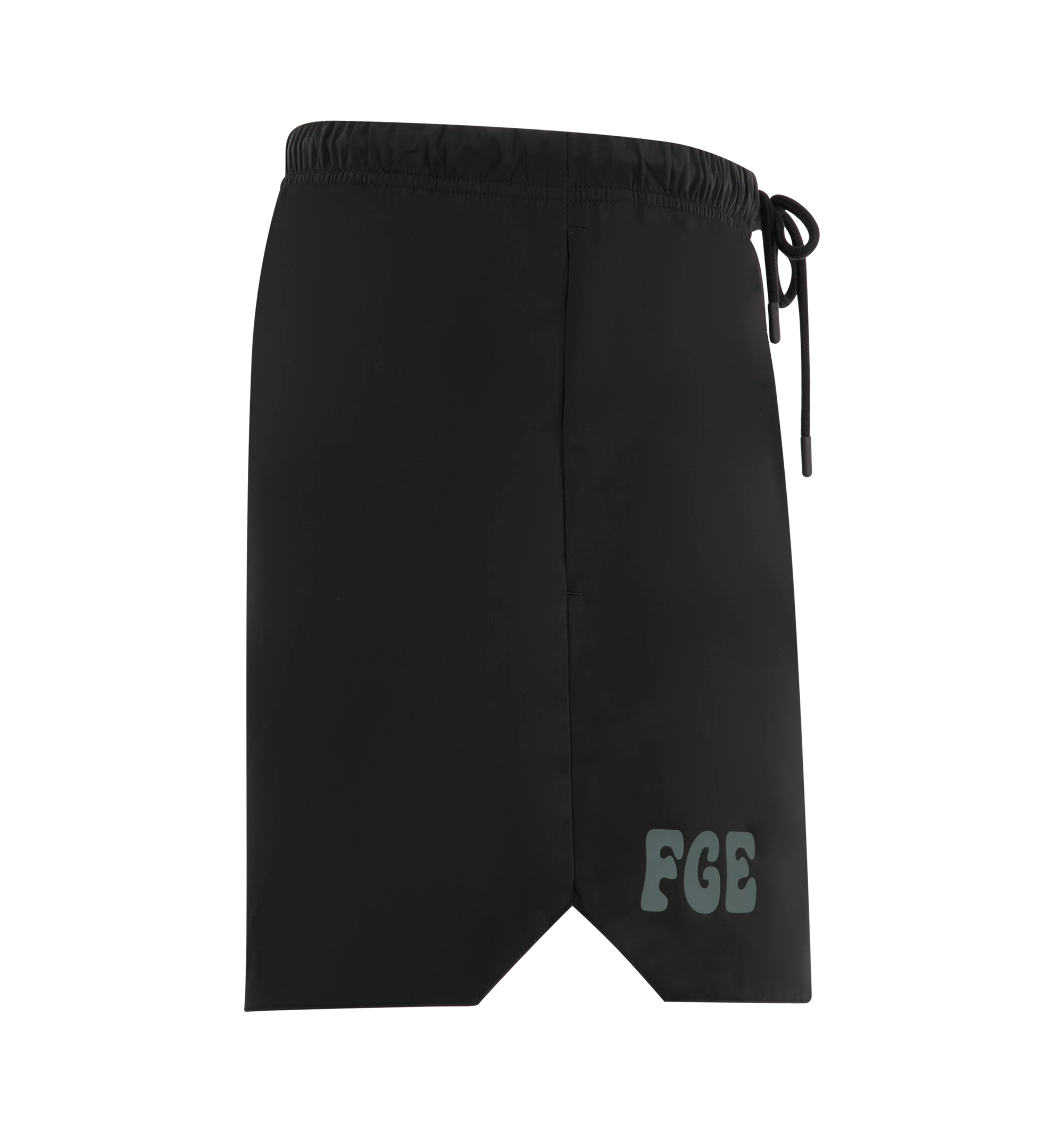 Image 3 of 3 - BLACK - Fear of God Essentials Mens Gym Shorts are crafted from polyester. Feature a relaxed mid-length fit, perforated stretch lining, elasticized waistband with bungee drawcord and toggle, side pockets, puff-printed FGE and F26 graphics, and an Essentials logo label. Main Material: 100% Polyester. 