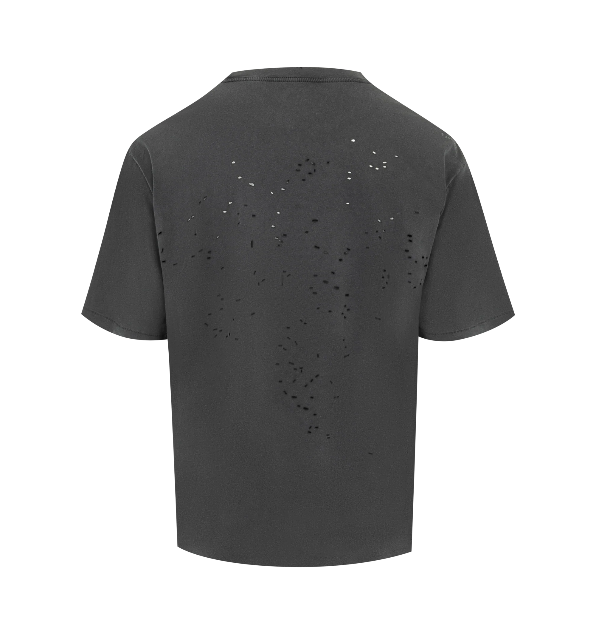 Image 2 of 3 - AGED BLACK SAB - SATISFY MothTech T-Shirt featuring short sleeves, crew neck, weathered with each hole that is laser-cut and hand-opened to creating airflow, logo in puffy ink, stealth-reflective SATISFY logo and fully detachable care label on the outside. 100% cotton. 