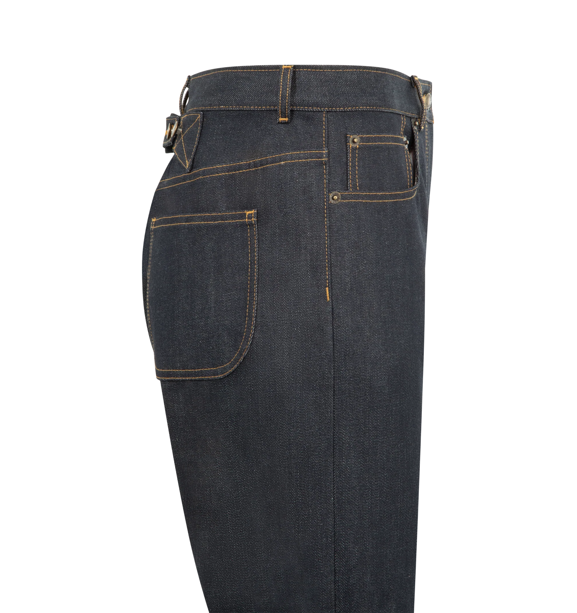Image 3 of 3 - NAVY - THOM BROWNE Selvedge Denim 5 Pocket Pant featuring button fly closure, 5-pocket style, adjustable buttoned backstrap, selvedge detail visible at inner cuffs and signature striped grosgrain loop tab. 100% cotton. Made in Japan.