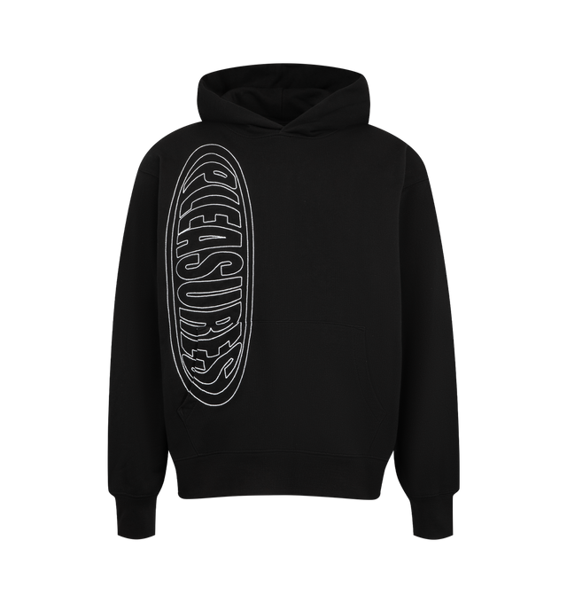 Image 1 of 2 - BLACK - Pleasures Mens Ellipse Hoodie is crafted from French terry cotton. Features a pull-over style, printed logo detailing, ribbed cuffs and hem, and a relaxed fit. Main Material: Cotton. Made in China.