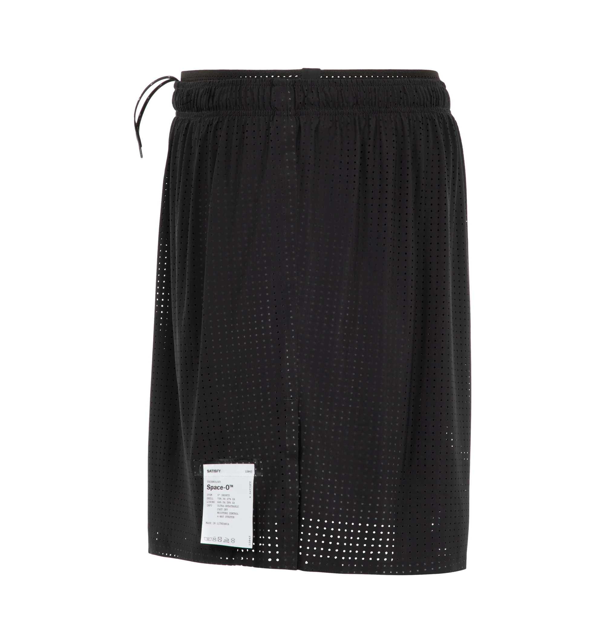 Image 3 of 3 - BLACK - Satisfy Men's Space-O 5" Shorts are crafted from Italian Space-O micro jersey and feature precision-punched perforations for lightweight breathability. Designed with four-way stretch for unrestricted movement, the performance silhouette is engineered for long-distance efforts and everyday training. Functional details include a sweat-resistant hidden phone pocket, double waistband with internal drawcords, a mini S-Carabiner for keys, and reflective logo detailing. Main Material: Space 