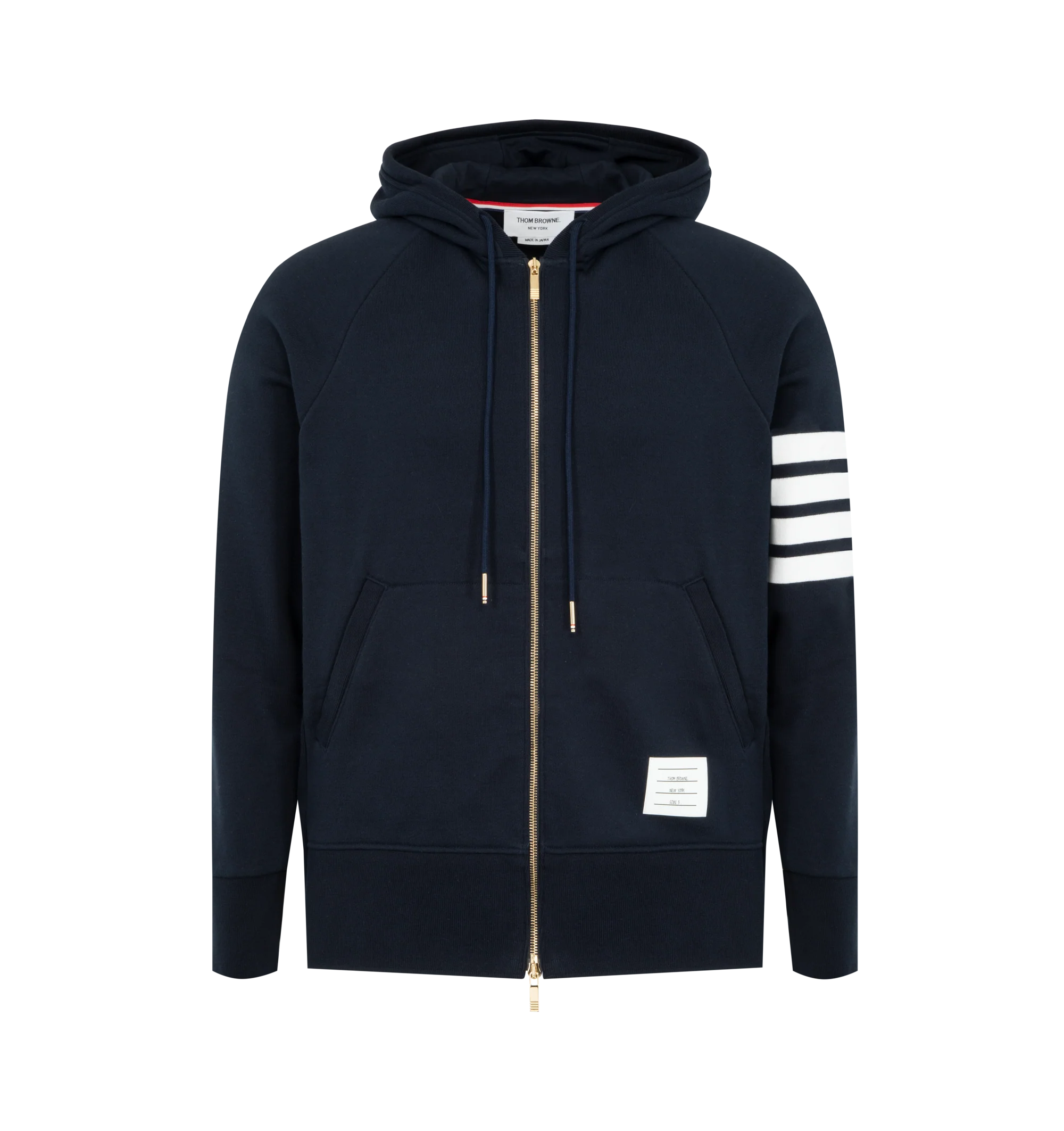 Image 1 of 2 - NAVY - THOM BROWNE Classic Loopback 4-Bar Full Zip Hoodie featuring iconic 4-Bar detailing, brass 2-way zip closure, integrated hood with stripe trim and kangaroo front pocket with name tag applique. 100% cotton. Made in Japan.
