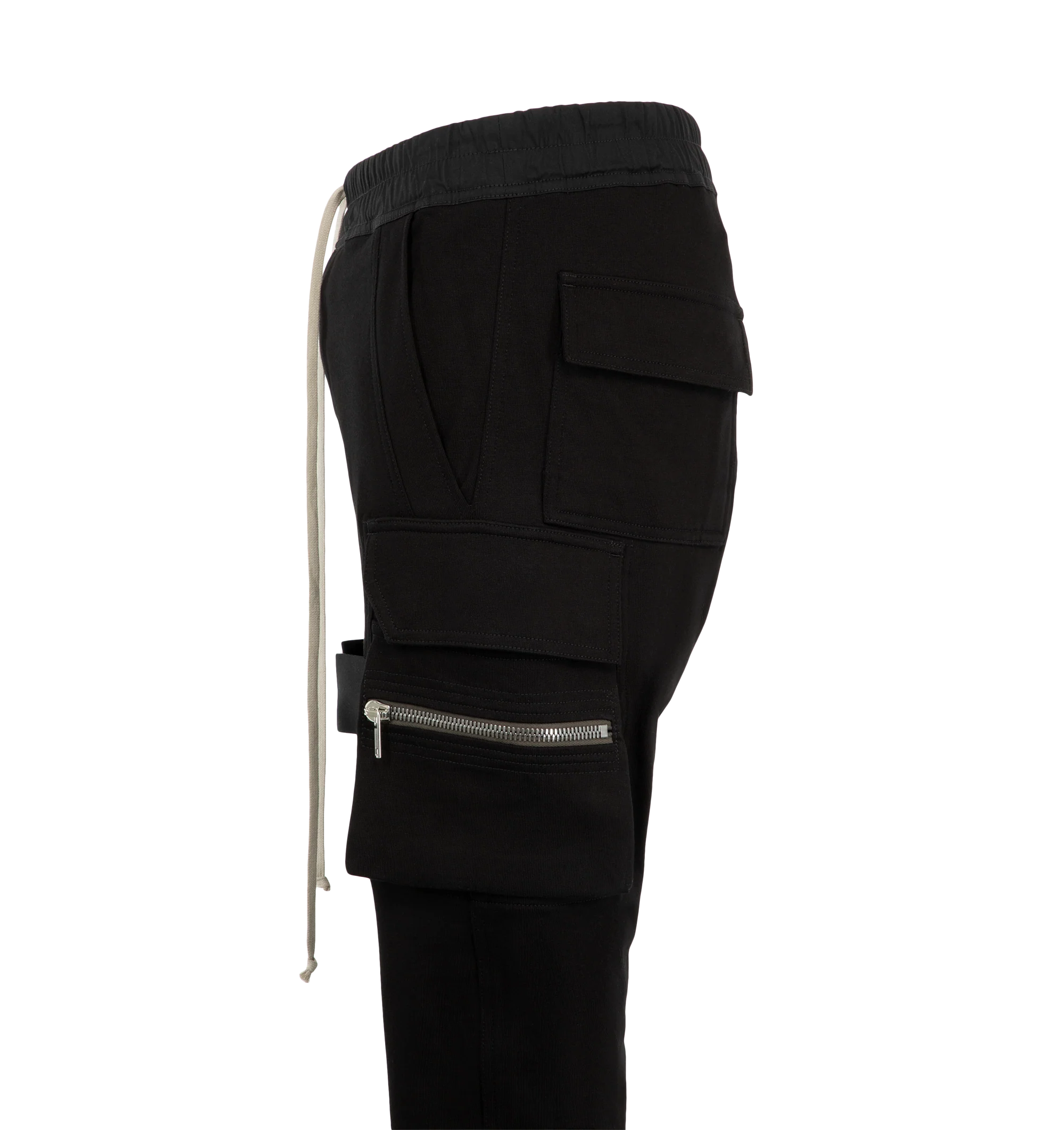 Image 3 of 3 - BLACK - Rick Owens Mens Mastodon Cargo Pants are crafted from cotton poplin. Feature a slim fit, elasticized waistband with drawstring, side pockets, zip cargo pannier pockets with flaps and tabs, back flap pockets, and elasticized ankles. Main Material: 97% Cotton, 3% Elastane. Made in Italy. 