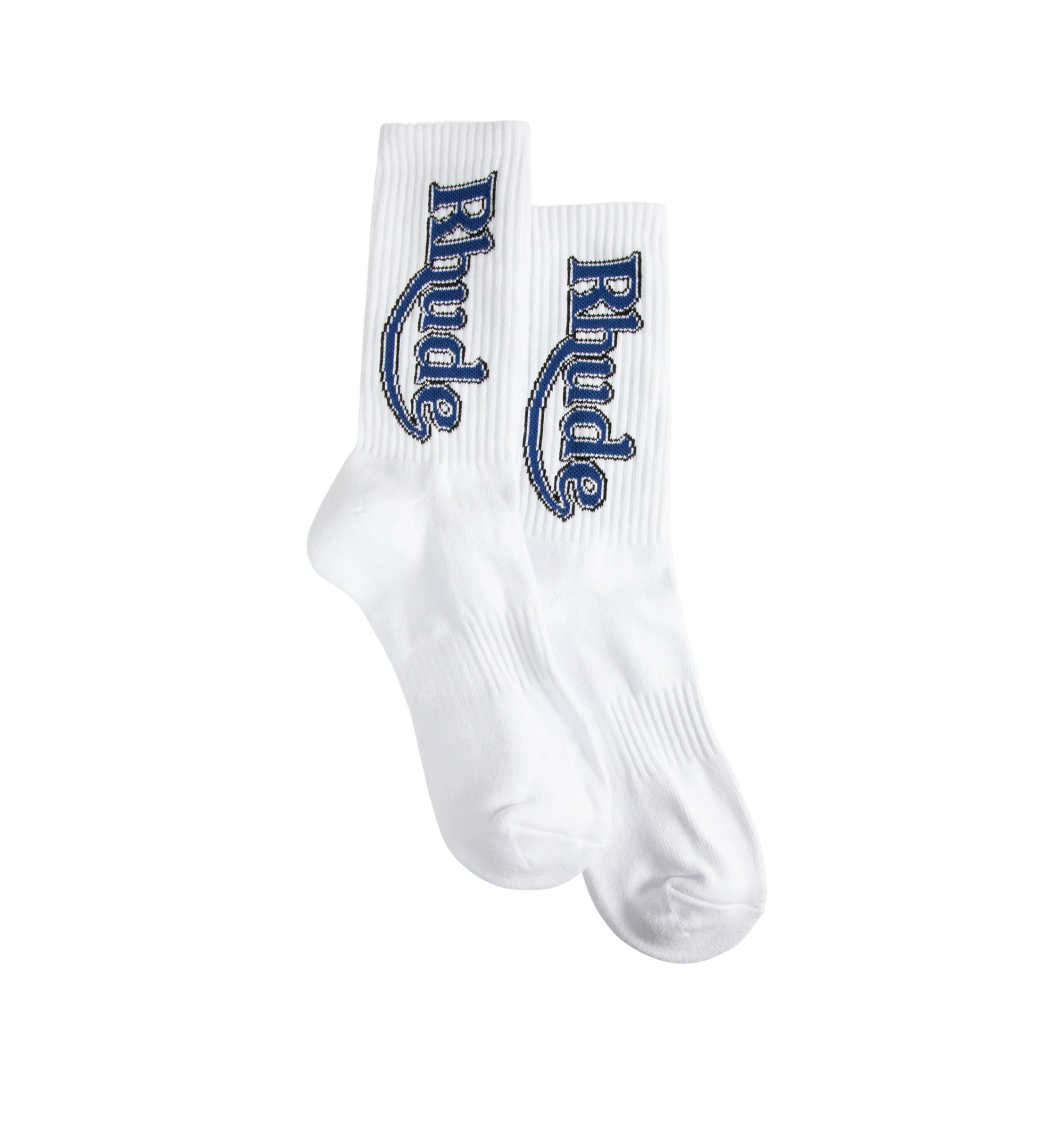 Image 1 of 2 - WHITE - Rhude Mens Vertical Race Trackt Socks are crafted from a cotton, polyester, and spandex blend. Feature a ribbed jersey construction and signature vertical Rhude logo. Main Material: 80% Cotton, 12% Polyester, 8% Spandex.
