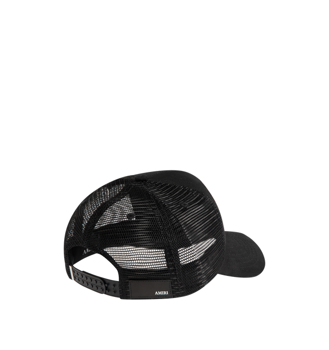 Image 3 of 3 - BLACK - AMIRI Bones Stacked Trucker Hat featuring embroidered with a Stacked Bones design on the face with signature logo details and back adjustable closure. 100% cotton. Lining: 100% lyocell. Mesh: 100% polyester. Made in USA.