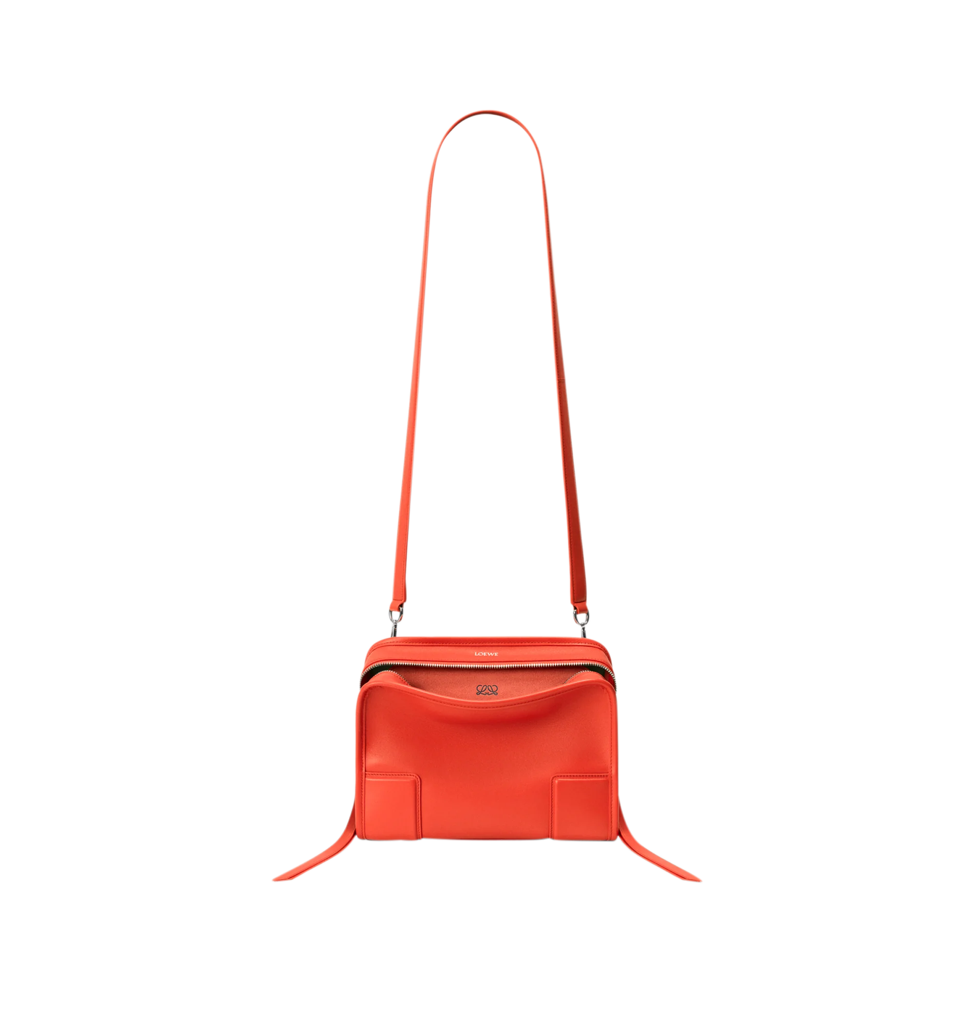 Image 11 of 17 - ORANGE - Loewe Small Amazona 180 Bag in leather features a relaxed silhouette anchored by a single toron top handle, designed to be carried open, while a concealed closure secures the main compartment, three carry options: short handle, removable shoulder strap and crossbody, zip closure with two leather zip pullers, two compartments, main compartment closed with magnetic closure, internal flat pocket, left side d-ring for customization, nappa lambskin lining, and embossed double L branding