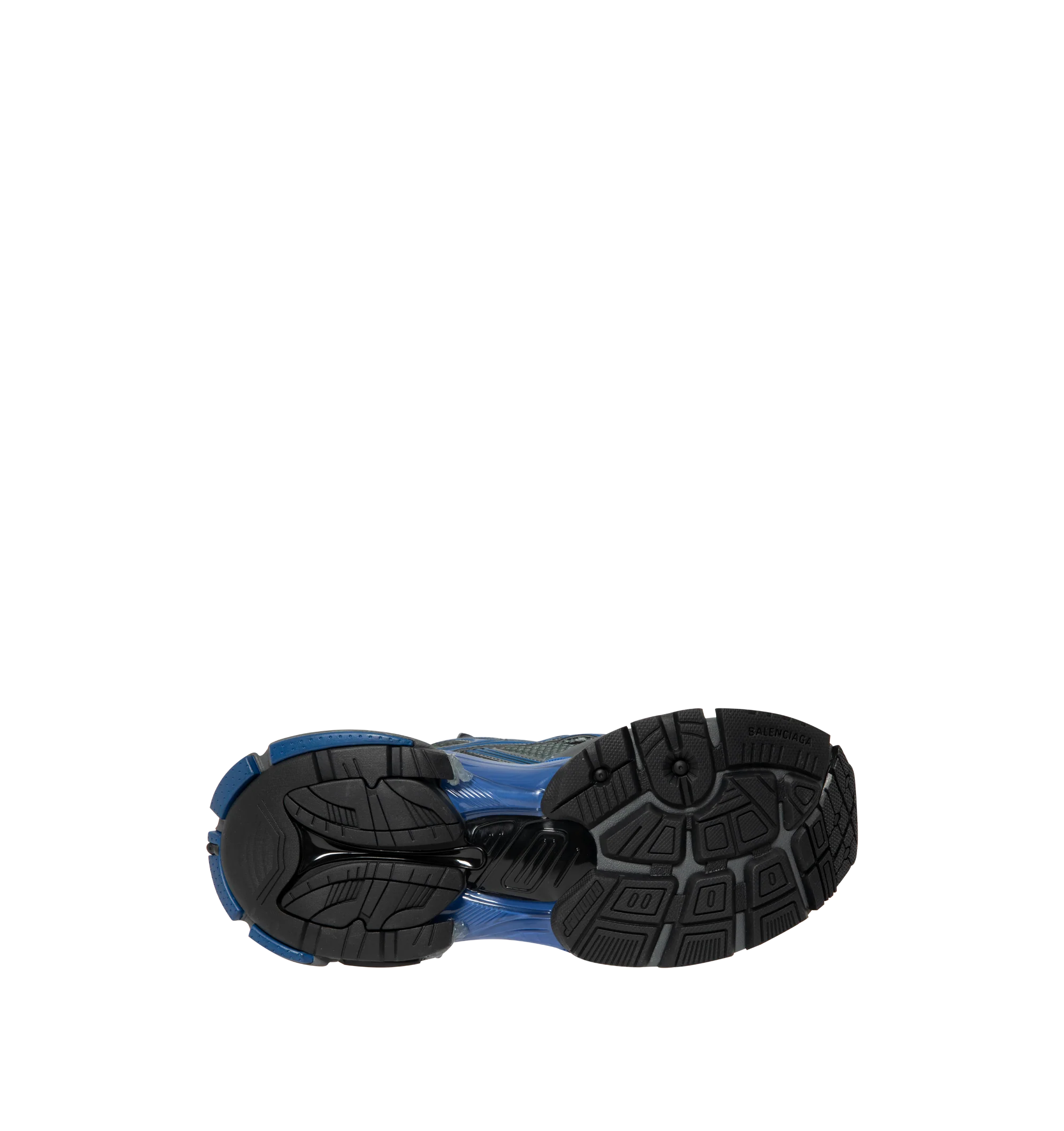 Image 4 of 5 - BLUE - Balenciaga Men's Runner Sneakers are crafted from a leather-free blend of polyurethane and polyester. Feature a worn-in finish, printed size at the toe, debossed size at the heel, printed Runner logo, embroidered logo at the tongue, logo at the back heel, pull tab, and a rubber, TPU, EVA, and polyurethane sole. Main Material: Upper: Polyurethane, Polyester; Sole: Rubber, TPU, EVA, Polyurethane; Insole: Foam. Made in China.