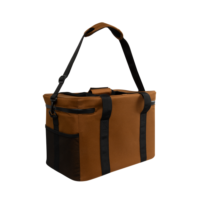 Image 2 of 3 - BROWN - CARHARTT WIP Cooler Bag featuring canvas exterior and ripstop lining, wrap around zip closure, one main compartment, mesh pockets on both sides, padded panels, up to 48 hours insulation, leak-proof, easy-to-clean, food safe, odours and stains free lining and detachable adjustable shoulder strap. 17" W x 11" H x 11" D.