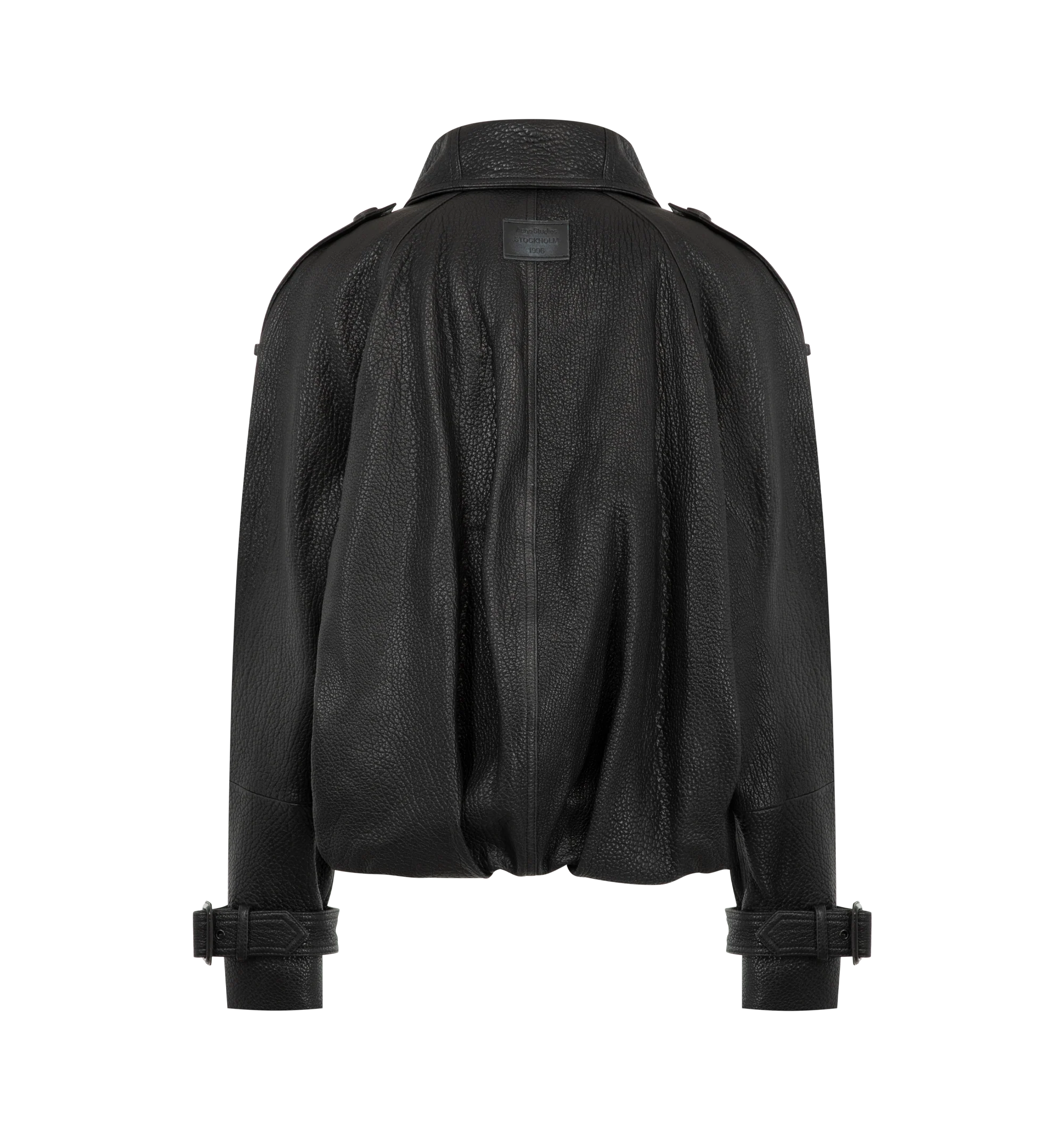 Image 2 of 3 - BLACK - Acne Studios Women's Cropped Leather Trench Coat is crafted from full-grain lamb leather and features a double-breasted silhouette with an elongated neckline, elasticated balloon hem, epaulettes, sleeve tabs with buckle detailing, and side pockets. This designer leather trench coat combines contemporary tailoring with premium craftsmanship, finished with a signature leather logo label at the back neckline and a relaxed, below-the-waist fit. Main Material: 100% Lamb Leather. Lining: 10