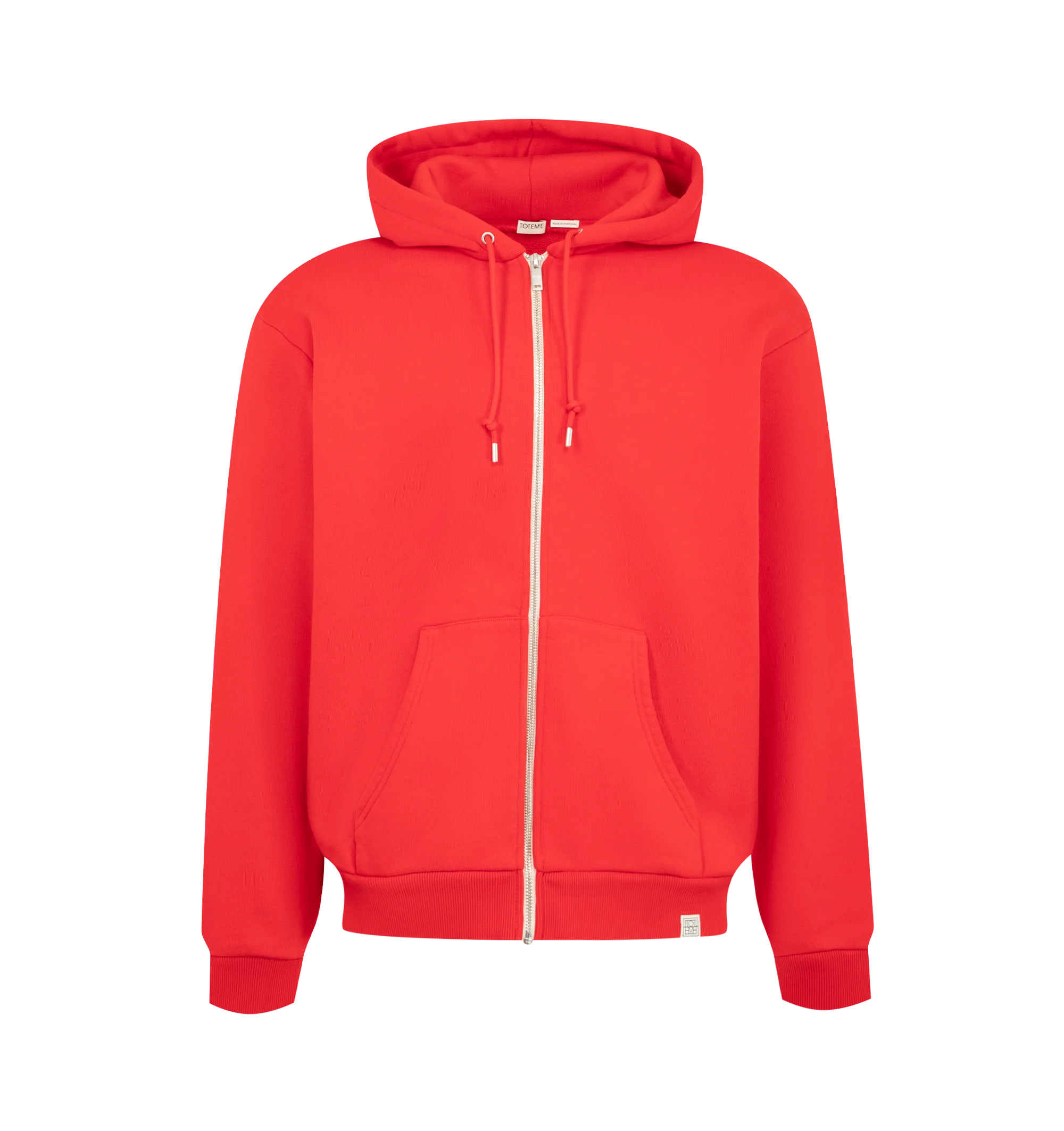 Image 1 of 2 - RED - Toteme Men's Zip Hoodie is crafted from cotton fleece and features a relaxed silhouette. Designed with a drawstring hood and front zip closure, this elevated essential is finished with silver-tone hardware and a signature monogram tab at the hem. Main Material: 100% Cotton.