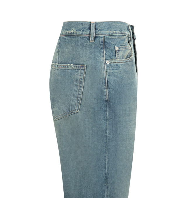 Image 3 of 3 - BLUE - DRKSHDW Bolan Bootcut Jeans featuring fading, whiskering, and subtle distressing throughout, slim-fit and bootcut, high-rise, belt loops, five-pocket styling and button fly. 100% cotton. Made in Italy.