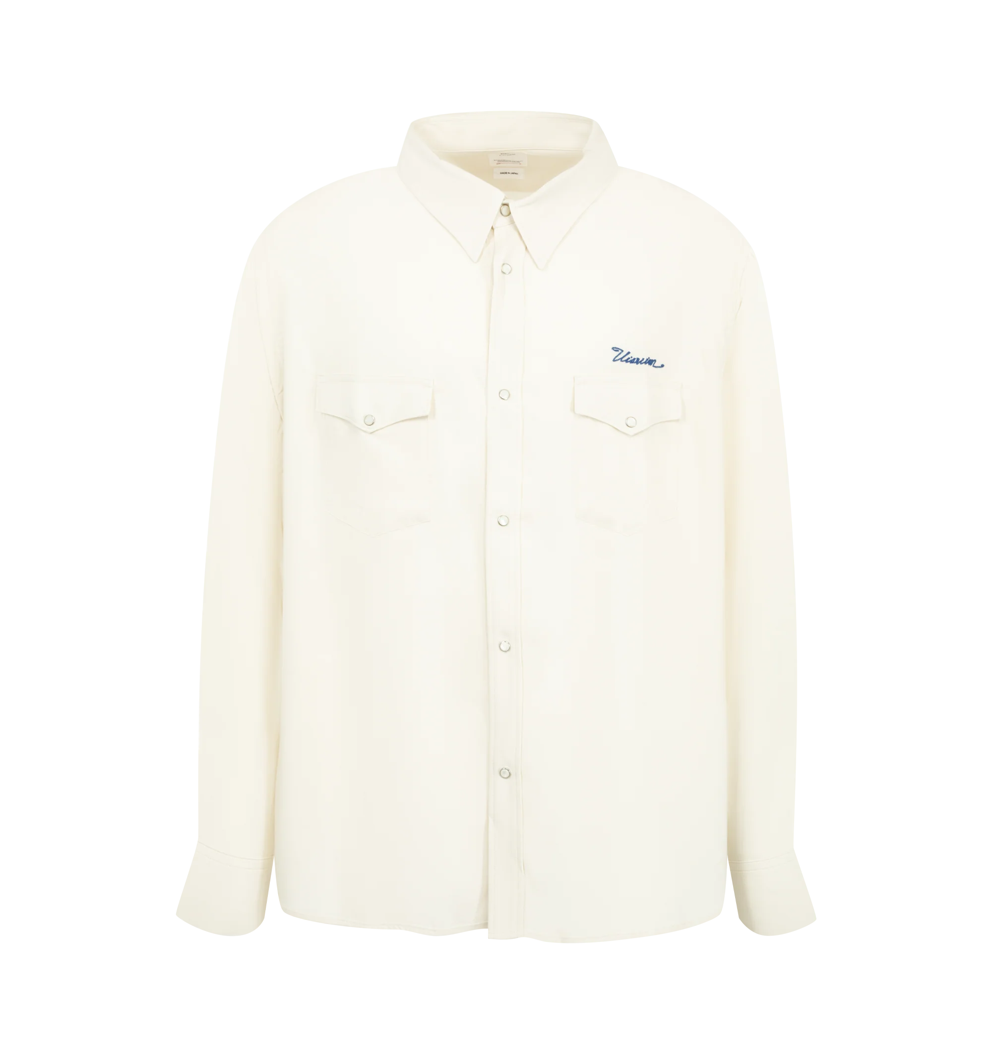 Image 1 of 2 - WHITE - Visvim Four Corners Shirt featuring a custom Rayon Canvas fabric that has undergone a special treatment, a pressed finish, american snap buttons, classic collar, front "Visvim" embroidery details on front and back. . Made in Japan.