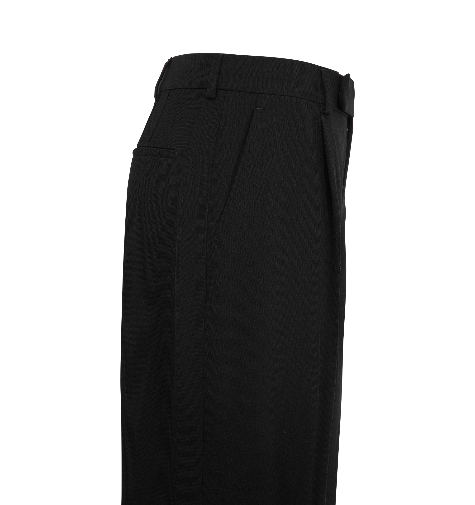 Image 3 of 3 - BLACK - Saint Laurent Women's Crepe Pants are crafted from wool and viscose and feature a mid-rise tailored silhouette with a wide leg, single pleat, and center crease. A concealed front button, hook-and-zip closure, belt loops, two front slash pockets, and two back welt pockets complete the design. Main Material: Wool and Viscose. Made in Italy.